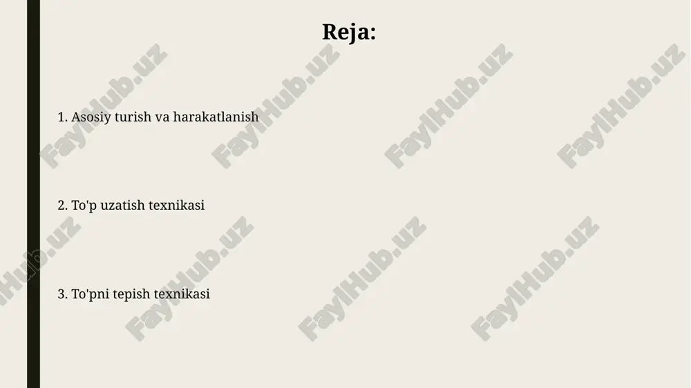 oniga 45 graduslik burchak ostida tushishini ta'minlaydi va ochko olish imkoniyatini oshiradi. blok qo'yish (blocking) blok qo'yishda 2-3 nafar o'yinchi bir vaqtning o'zida sakrab, to'pni o'z maydoniga qaytarishdan saqlanish uchun qo'llarini to'r ustidan o'tkazadi. to'g'ri blok qo'yish uchun 1 metrdan kamroq masofada to'rga yaqin joylashish, tirsaklarni yuqori ko'tarish va barmoqlarni qattiq ushlash muhimdir. serve (servis) eng pastki zarba – bu boshlang’ich darajadagi texnika bo’lib, to’pni pastdan qo’l bilan urishni o’z ichiga oladi, maqsad esa to’pni to’r ustidan o’tkazib, maydonga tushirishdir. yuqori zarba, o’yinchilarning to’pni yuqoridan zarba berishlari orqali amalga oshiriladi, bunda kuch va aniqlikni oshirish uchun butun vujudi va bilak harakatidan foydalaniladi. mudofaa (dig) mudofaa texnikasida pastga tushganda, qo'llarni birlashtirib, 45 daraja burchak ostida ushlab turish muhim, shunda to'p bilaklarning tekis qismiga tegadi va yuqoriga yo'naltiriladi. o'yinchilar mudofaa paytida tizzalarini bukishlari va og'irlik markazini pastga tushirishlari kerak; bu ularga to'pga tezroq reaktsiya qilish va barqarorlikni saqlash imkonini beradi, bu esa …