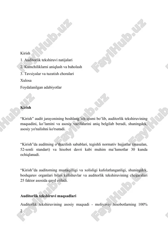 rasi tekshiruvning maqsadlariga mos kelishi kerak, masalan, moliyaviy hisobotlar qonun hujjatlariga (56-son qaror) muvofiqligini tekshirish yoki firibgarlik holatlarini aniqlash kabi maxsus vazifalar. asosiy topilmalar moliyaviy hisobotda 10% dan ortiq xatoliklar aniqlandi, bu esa aktivlar va majburiyatlarning noto'g'ri baholanishiga olib kelgan. auditoriya davrida 30 dan ortiq muhim kamchiliklar mavjudligi aniqlandi. ichki nazorat tizimidagi 15 ta zaiflik aniqlandi, bu esa xodimlar tomonidan firibgarlik xavfini oshiradi va korxona aktivlarining himoyasiga salbiy ta'sir ko'rsatadi. kompaniyaning moliyaviy hisobotlari audit jarayonida 25% dan ortiq muhim nomuvofiqliklarni ko'rsatdi, bu esa hisobotlarning ishonchliligiga putur yetkazdi. muhim kamchiliklar muhim kamchiliklar, agar tuzatilmasa, moliyaviy hisobotlarda sezilarli buzilishlarga olib kelishi mumkin, bu esa audiqdan o'tgan korxona uchun 5-10% zarar keltiradi. muhim kamchiliklar ichki nazorat tizimidagi nuqsonlar yoki buzilishlar bo'lib, bu kamida 25% xatolik bilan moliyaviy hisobotlarni noto'g'ri aks ettiradi. agar ikkita yoki undan ortiq jiddiy kamchiliklar bo'lsa, ularning birgalikdagi ta'siri material hisoblanadi, audit komissiyasi 15 kunda xulosalar qabul qilishi kerak. jiddiy …