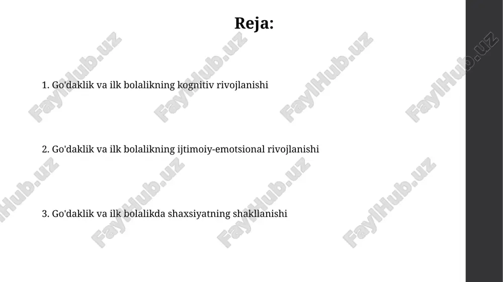 bosqichning dastlabki qismini o'z ichiga oladi, bu yerda chaqaloqlar sezgilar va harakatlar orqali dunyoni o'rganadilar. chaqaloqlarda idrok rivojlanishi 8 oylikdan keyin ob'ektning doimiyligi tushunchasining shakllanishini o'z ichiga oladi, ya'ni ob'ekt ko'rinmasa ham mavjudligini bilishadi. diqqatning rivojlanishi infantlarda diqqatning davomiyligi qisqa, odatda bir necha soniyadan oshmaydi. ularning e'tiborini jalb qilish uchun yorqin ranglar va harakatlanuvchi ob'ektlar muhim rol o'ynaydi. taxminan 6 oylikdan boshlab, chaqaloqlar bir ob'ektga 10-15 daqiqa davomida e'tibor qaratish qobiliyatiga ega bo'ladilar, bu esa ularning kognitiv rivojlanishini ko'rsatadi. xotiraning rivojlanishi infancyada xotira rivojlanishi sezgir-harakat bosqichida namoyon boʻladi, taxminan 6-12 oylikda ob'ektning doimiyligi tushunchasi shakllanadi, bu esa yashirilgan ob'ektlarni qidirishga imkon beradi. toddlerlik davrida, 18-24 oylikda kechikkan taqlid paydo boʻladi, yaʼni bolalar bir necha soat yoki hatto kun oldin koʻrgan harakatlarini takrorlay oladilar, bu esa xotira rivojini koʻrsatadi. til rivojlanishi til rivojlanishi 12-18 oylikda tezlashadi, bolalar birinchi so'zlarni aytishni boshlaydi, masalan, 'ona', 'dada', va taxminan 5-20 so'zlik lug'atga ega bo'ladi. …