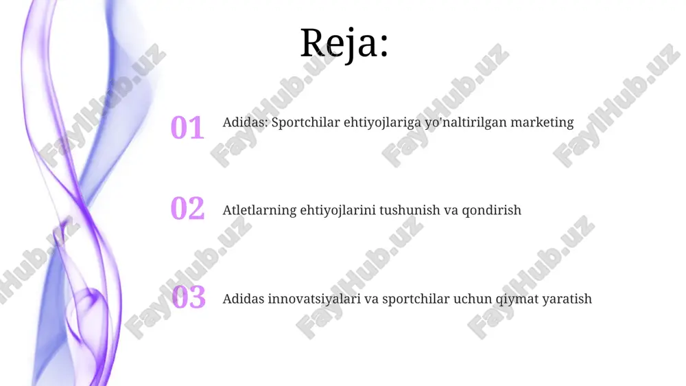 ish uchun ishlab chiqilgan bo'lib, sportchilarning 15-20% yaxshiroq natijalarga erishishiga yordam beradi. adidas sportchilarning ehtiyojlariga moslashib, turli xil sport turlari uchun 3d bosma poyabzallarni ishlab chiqaradi, bu esa individual oyoq tuzilishiga moslashish imkonini beradi. homiylik va hamkorlik: sportchilarning ovozi adidasning homiyligi 2023-yilda sportchilarning fikrini faol inobatga oladi, masalan, poyabzal dizaynida yuguruvchilarning biomekanik ma'lumotlaridan foydalanish 75% ni tashkil etadi. sport hamkorliklari 60% hollarda ijtimoiy tarmoqlarda maxsus kampaniyalar orqali sportchilarning shaxsiy hikoyalari va motivatsiyasini keng yoritadi, 2 million auditoriyaga ta'sir ko'rsatadi. raqamli marketing va onlayn hamjamiyat adidas onlayn hamjamiyatlari, 3-darajali ma'lumotlar tahlili orqali atletlarning xatti-harakatlarini o'rganadi, shaxsiy takliflarni yaratish uchun 7/24 monitoringni ta'minlaydi. raqamli marketing kampaniyalari 80% konversiya ko'rsatkichiga erishish uchun 12 turdagi sportga oid tarkibni o'z ichiga olgan a/b testlarini doimiy ravishda o'tkazadi. adidasning yirik sport tadbirlarida ishtiroki adidas fifa jahon chempionatida uzoq yillik hamkorlik tarixiga ega, rasmiy toʻplarni yetkazib beradi va taniqli futbolchilar bilan shartnomalar tuzadi, bu 1970-yildan beri davom …