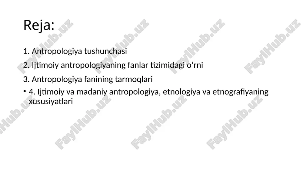 noda, antropologiya – bu inson tabiati va uning faoliyati haqidagi ilmiy bilimlarning yig’indisi. ijtimoiy antropologiyaning boshqa fanlar tizimidagi o’rnini uning boshqa gumanitar fanlar: falsafa, tarix, sotsiologiya, madaniyatshunoslik, ijtimoiy psixologiya fanlari bilan munosabatlarida ko’rib chiqish mumkin. zamonaviy antropologiyaning intellektual o’tmishi 18-19-asrlardagi falsafiy antropologizm edi, unga ko’ra, faqat inson mohiyatidan kelib chiqib, tabiat, jamiyat, bilish haqidagi g’oyalar tizimini ishlab chiqish mumkin (l. feyerbax, m. scheler, f. nitsshe, n. chernishevskiy va boshqalar.). xix asrning ikkinchi yarmidan boshlab. antropologiya haqidagi tushuncha o’zgardi. antropologiya tushunchasi ikkita yunoncha so’zdan kelib chiqqan: antropos – odam va logos – ta’limot. “antropologiya” atamasining o’zi faqat 16 –asr boshlarida paydo bo’lgan. germaniyada birinchi bo’lib anatomik kontekstda, keyinroq – inson ruhi haqidagi ta’limot sifatida ishlatiladi. mustaqil fan sifatida antropologiya xix asrda shakllangan. uning asosiy bo’limlari shundan iborat edi: inson morfologiyasi, antropogenez ta’limoti, irq. antropologiya fanning tabiiy va ijtimoiy tarmoqlari yoqasida rivojlanib, insonning maxsus sotsiologik tur sifatida kelib chiqishi va evolyutsiyasini o’rganib …