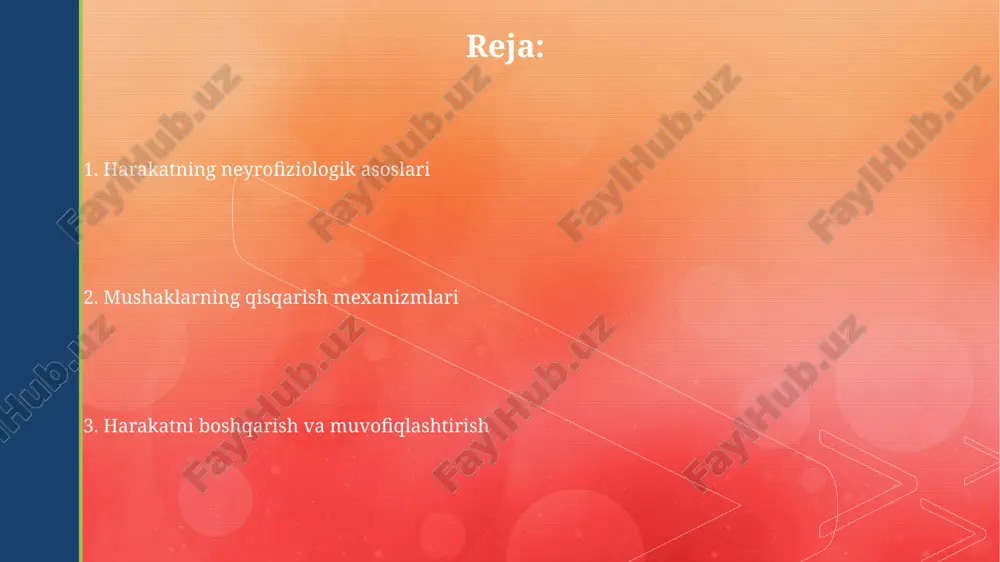 sh uchun zarur bo'lgan muvozanatni saqlashga yordam beradi. bazal gangliyalar: harakatni boshlash va inhibe qilish bazal gangliyalar, ayniqsa striatum, harakatni boshlash uchun korteksga ta'sir o'tkazib, gpi/snr faolligini susaytiradi, bu talamusni inhibe qilmaydi va harakatga imkon beradi. to'g'ri yo'l d1 retseptorlari orqali striatumdan gpi/snrga o'tadi va harakatni rag'batlantiradi, bilvosita yo'l esa d2 retseptorlari orqali harakatni inhibe qiladi. serebellum: muvozanat va koordinatsiya serebellum tananing muvozanatini saqlashda muhim rol o'ynaydi; u vestibulyar apparat va proprioseptorlardan ma'lumot olib, mushaklarning tonusini moslashtiradi. serebellum harakatlarni muvofiqlashtirishda ishtirok etadi, ayniqsa ko'p bo'g'imli harakatlar uchun, xatolik signallarini hisobga olib, harakatni takomillashtiradi. orqa miya: reflekslar va harakat naqshlari orqa miya reflekslari, masalan, cho'zish refleksi, mushak uzunligidagi o'zgarishlarga javob beradi, bu esa 1a afferent tolalarining faollashishi orqali mushakning qisqarishiga olib keladi. harakat naqshlari, masalan, yurish, orqa miyada joylashgan markaziy naqsh generatorlari (cpg) orqali boshqariladi, bu neyron tarmoqlari muvofiqlashtirilgan oyoq harakatlarini ishlab chiqaradi. neyromuskulyar birikma: harakatga o'tish neyromuskulyar birikma asetilxolin (ach) …