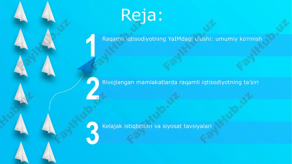 l etadi, bu elektron tijorat, dasturiy taʼminot va raqamli xizmatlar kabi sohalarni oʻz ichiga oladi. raqamli iqtisodiyotning yaimdagi ulushi axborot texnologiyalari infratuzilmasi, internet foydalanish darajasi va davlat siyosati bilan chambarchas bog'liq. raqamli iqtisodiyotga investitsiyalar start raqamli iqtisodiyotga investitsiyalar 2023-yilda yaimning taxminan 6 foizini tashkil etdi, bu esa sun'iy intellekt va bulutli hisoblash texnologiyalariga sezilarli e'tiborni ko'rsatadi. blokcheyn texnologiyalari va kriptovalyutalarga qilingan investitsiyalar oxirgi 5 yilda 35 foizga o'sdi, bu esa moliyaviy texnologiyalarning o'sishiga turtki bo'lmoqda. e-commerce va raqamli savdo elektron tijorat yaimdagi ulushi 2023-yilda aqshda 5% dan oshdi, bu an'anaviy chakana savdoga nisbatan sezilarli o'sishni aks ettiradi. raqamli savdo rivojlangan davlatlarda logistika xarajatlarini 15% ga kamaytiradi, bu esa mahsulotlarni yetkazib berish tezligini oshiradi. raqamli infratuzilmaning roli raqamli infratuzilma, jumladan, yuqori tezlikdagi internet va ma'lumotlar markazlari, yimning o'sishiga 15-20% gacha hissa qo'shishi mumkin, bu elektron tijorat va innovatsiyalarni rivojlantiradi. 5g texnologiyasi kabi raqamli infratuzilma investitsiyalari sanoat unumdorligini 25% ga oshirishi mumkin, …