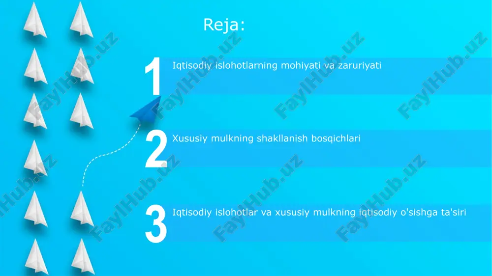 ich (1995-1997) yirik korxonalarni aktsiyalashtirishga e'tibor qaratdi, bunda chet el investitsiyalari jalb qilindi va mulkchilik shakllarini diversifikatsiya qilish orqali 45% ga yaqin davlat aktivlari xususiylashtirildi. xususiylashtirishning birinchi bosqichi (1992-1994) kichik korxonalarni xususiylashtirishga qaratilgan bo'lib, davlat mulkining 30% ga yaqini aktsiyalashtirildi va xususiy sektorga o'tkazildi. uchinchi bosqich (1998-2000) strategik ahamiyatga ega korxonalarni bosqichma-bosqich xususiylashtirishni ko'zda tutdi, iqtisodiyotning raqobatbardoshligini oshirish maqsadida 25% davlat aktivlari xususiy sektorga berildi. xususiy mulk huquqlarini himoya qilishning qonunchilik asoslari o'zbekiston respublikasi konstitutsiyasining 36-moddasida xususiy mulk daxlsizligi kafolatlangan bo'lib, uning himoyasi davlat tomonidan ta'minlanadi va qonun bilan belgilanadi. fuqarolik kodeksining 164-moddasi mulk huquqini himoya qilish usullarini belgilab beradi, jumladan, mulkni noqonuniy egalikdan talab qilib olish (vindikatsiya da'vosi). "xususiy mulkni himoya qilish va mulkdorlar huquqlarining kafolatlarini kuchaytirish to'g'risida"gi qonun (o'rq-366, 2014-yil 17-aprel) mulkdorlar huquqlarini mustahkamlashga qaratilgan muhim qonundir. xususiy tadbirkorlikni rivojlantirish uchun yaratilgan imkoniyatlar start 2023-yilda tadbirkorlik subyektlari uchun soliq yukini kamaytirish maqsadida aylanmadan olinadigan soliq stavkasi 4% dan …