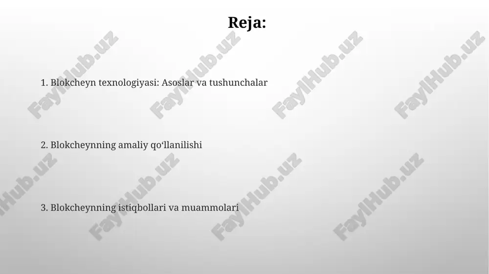 lishi mumkin, bu esa 25% firibgarlik xavfini kamaytiradi. kamchiliklardan biri - bu blokcheynning energiya sarfi yuqori. bitcoin kabi proof-of-work tizimlar yirik ma'lumotlar markazlarini ishlatadi, bu esa 5000 kv/soat energiya sarflashga olib kelishi mumkin. blokcheynning qoʻllanilish sohalari taʼminot zanjiri boshqaruvi: blockchain mahsulotning kelib chiqishini kuzatishga yordam beradi, bu esa soxtalashtirishni kamaytiradi va shaffoflikni oshiradi, masalan, farmatsevtika mahsulotlari uchun 70% gacha aniqlikni taʼminlaydi. digital identifikatsiya: blockchain shaxsni tasdiqlashning xavfsiz va markazsizlashtirilgan usulini taqdim etadi, bunda har bir foydalanuvchi oʻz maʼlumotlarini nazorat qiladi, bu esa shaxsiy maʼlumotlar oʻgʻirlanishini 80% ga kamaytirishi mumkin. blokcheynning kelajagi blokcheyn 3.0 texnologiyalari, masalan, dag (directed acyclic graph) blokcheynlari, yuqori o'tkazuvchanlik va past to'lovlar bilan markazlashmagan ilovalarni rivojlantiradi, 2025 yilgacha keng qo'llanilishi kutilmoqda. korporativ blokcheyn echimlari 2024-2027 yillarda ta'minot zanjiri, sog'liqni saqlash va moliyaviy xizmatlar kabi sohalarda shaffoflikni oshiradi va operatsion samaradorlikni 30% ga yaxshilaydi. blokcheyn bilan bogʻliq muammolar va yechimlar ko'p tarmoqli blokcheynlar 51% hujum xavfi ostida, bunda …
