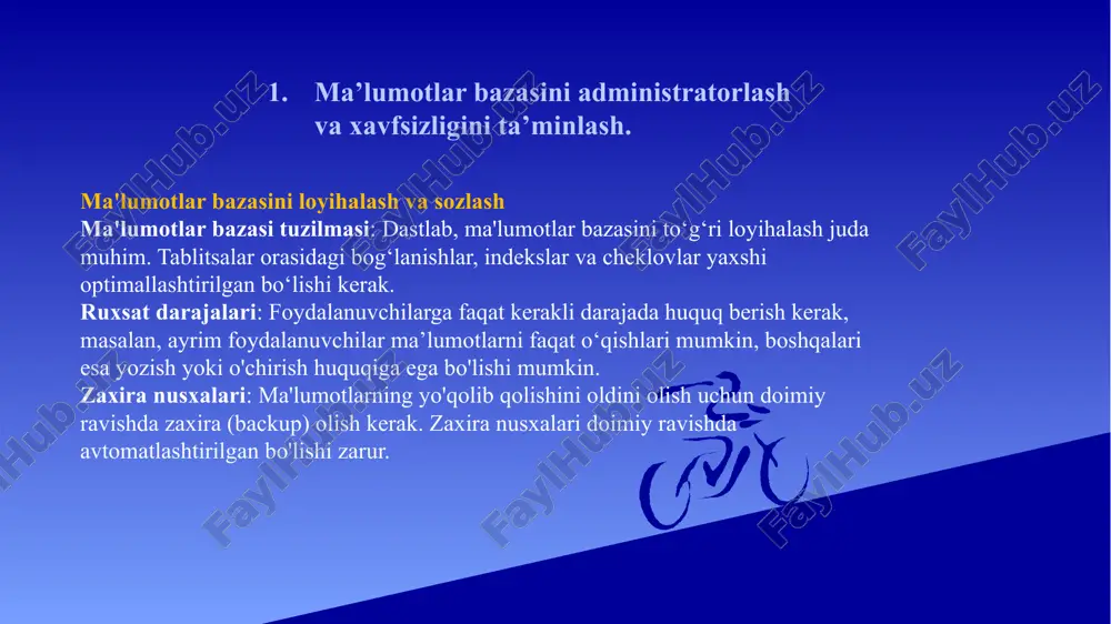 tish, tarmoqli kengligi va har xil ko‘rsatkichlarni o‘lchash yordam beradi. jadvalni tozalash va indekslarni yangilash: keraksiz ma’lumotlarni vaqtida o‘chirib, indekslarni yangilab turish kerak, chunki katta hajmdagi keraksiz ma’lumotlar va eskirgan indekslar ma’lumotlar bazasining ishlashini sekinlashtiradi. favqulodda vaziyatlarni boshqarish qayta tiklash rejasi: zaxira nusxalari asosida qayta tiklash rejasi ishlab chiqilishi kerak. bu reja xatolik sodir bo'lganida qanday qilib ma’lumotlarni tiklashni o'z ichiga oladi. texnik yordam: ma'lumotlar bazasida muammo paydo bo'lganida darhol hal qilish uchun texnik yordam va dasturiy ta'minot yangilanishlarini muntazam kuzatish lozim. bu chora-tadbirlar ma’lumotlar bazasini samarali boshqarish va ma'lumotlarning xavfsizligini ta'minlashga yordam beradi. ochiq ma’lumotlar bazasi aloqasi (odbc) interfeysi. ochiq ma'lumotlar bazasi aloqasi (odbc - open database connectivity) — bu ma'lumotlar bazasiga kirishni ta'minlovchi standart interfeys. u foydalanuvchilarga turli xil dasturlardan bir xil va bir xil formatda turli xil ma'lumotlar bazalariga ulanish imkoniyatini yaratadi. odbc interfeysi microsoft tomonidan ishlab chiqilgan bo‘lib, turli ma’lumotlar bazalariga universal kirish imkoniyatini taqdim etadi. …