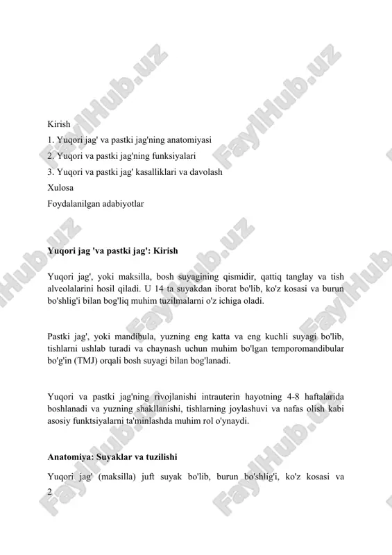 hliqlari, masalan, gaymor bo'shlig'i, nafas olish tizimining bir qismi bo'lib, havo namligini saqlashga va yuz suyaklarining og'irligini kamaytirishga yordam beradi. pastki jag'ning funktsiyalari pastki jag'ning asosiy vazifasi - og'izni ochish va yopish, bu 32 ta tishning chaynash harakatini ta'minlaydi va ovqatni maydalab, hazm qilishga tayyorlaydi. nutqning shakllanishida pastki jag'ning harakatlari muhim rol o'ynaydi, til, lablar va yuz mushaklari bilan birgalikda 5 ta asosiy unli va ko'plab undosh tovushlarni hosil qilishga yordam beradi. pastki jag'ning harakatlari, ayniqsa, 4 ta chaynash mushaklarining (maseter, temporal, medial pterygoid, lateral pterygoid) sinergik ishi orqali amalga oshiriladi, ularning har biri ma'lum yo'nalishdagi harakatlarni ta'minlaydi. mushaklar va harakat chaynash mushaklari, masalan, masseter va temporal, pastki jagni ko'tarib, tushirib, yon tomonga harakatlantirib, oziq-ovqatni maydalashda muhim rol o'ynaydi. ularning kuchini baholash uchun emg ishlatiladi. pastki jag'ning harakatlanishi temporomandibular bo'g'im (tmj) tomonidan ta'minlanadi. ushbu bo'g'im pastki jag'ning 3 o'qda harakatlanishiga imkon beradi, bu esa gapirish va yeyish imkoniyatini beradi. lateral …