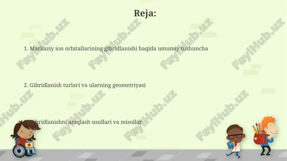 lini hosil qiladi, ular 180 gradus burchak ostida joylashgan bo'lib, molekulaning chiziqli shaklini belgilaydi. sp2 gibridlanishda bitta s va ikkita p orbitali birikib, uchta sp2 gibrid orbitalini shakllantiradi. ushbu orbitallar tekis uchburchak geometriyasini yaratadi, bog'lanish burchagi taxminan 120 gradusga teng. sp gibridlanishi: misollar va xususiyatlar sp gibridlanishda bitta s va bitta p orbitali aralashib, ikkita yangi ekvivalent sp gibrid orbitalini hosil qiladi, ular 180 gradus burchak ostida yo'nalgan. masalan, becl2 molekulasida berilliy atomi sp gibridlangan, bu esa molekulaning chiziqli shaklini ta'minlaydi va be-cl bog'lanish uzunligi 1.77 angstromga teng. sp2 gibridlanishi: misollar va xususiyatlar sp2 gibridlanishi molekulalarda uchraydi, bunda bitta 's' orbitali ikkita 'p' orbitali bilan aralashib, uchta yangi sp2 gibrid orbitalini hosil qiladi, burchaklari taxminan 120 gradusdir. sp2 gibridlanishining asosiy misollaridan biri etilen (c2h4) molekulasidir; har bir uglerod atomi uchta sigma bog'lanishni va bitta pi bog'lanishni shakllantiruvchi sp2 gibridlanishiga ega. sp3 gibridlanishi: misollar va xususiyatlar sp3 gibridlanishda bitta s orbitali …