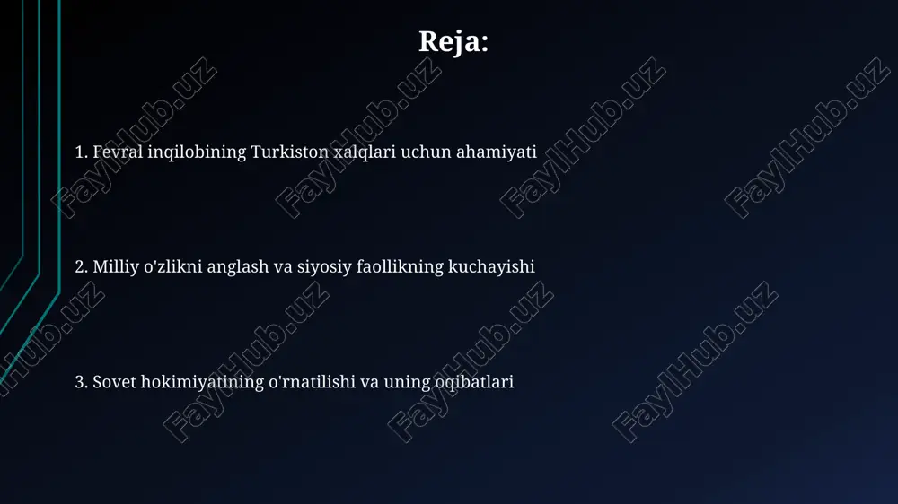 rakat qilishdi. shahar aholisining munosabati shaharliklar fevral inqilobini dastlab umid bilan kutib oldilar, imperator hokimiyatining ag'darilishini siyosiy erkinliklar va milliy o'zini o'zi aniqlash imkoniyatlari sifatida ko'rdilar. fevral inqilobi natijasida shahar ziyolilari faollashdi, turli siyosiy tashkilotlar va partiyalar tuzildi, ular turkiston uchun avtonomiya talablari bilan chiqdilar. dehqonlarning umidlari va talablari dehqonlar yer islohotlarini kutishgan, 1917 yilgacha yerlarning 70% dan ortig'i boy oilalar va davlatga tegishli edi, bu esa adolatli taqsimotni talab qilardi. dehqonlar soliq yukini kamaytirishni xohlashdi, chunki birinchi jahon urushi davrida soliqlar 300% ga oshgan edi va bu qishloq xo'jaligini og'irlashtirdi. milliy ozodlik harakatlarining kuchayishi fevral inqilobi turkistonda 1917-yil martida "sho'roi islomiya" kabi 200 dan ortiq milliy tashkilotlarning shakllanishiga olib keldi, ular siyosiy avtonomiya talab qilgan. jadidlar va mahalliy ziyolilar "turkiston muxtoriyati"ni 1917-yil noyabrida e'lon qildilar. bu milliy o'zlikni anglashning kuchayishi va mustaqillikka intilishning 90 kunlik namoyishi edi. jadidchilik harakatining rivojlanishi jadidchilik maktablari 20-asr boshlarida turkistonda keng tarqaldi, o'quvchilarga dunyoviy …