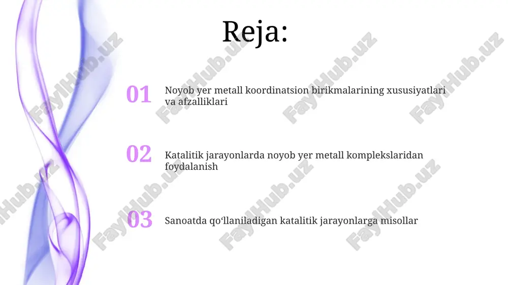 marta tezlashuvlar kuzatiladi. katalitik jarayonlarda koordinatsion birikmalar nafas olish apparatlarida ishlatiladigan misning koordinatsion birikmalari uglerod oksidini (co) bog'lab oladi va havoni tozalaydi, bu esa muhim katalitik rol o'ynaydi. koordinatsion birikmalar katalizda metall markazining elektron tuzilishini o'zgartirib, 10^2-10^6 marta tezroq reaksiya berishga imkon yaratadi va selektivlikni oshiradi. noyob yer metallari koordinatsion birikmalarining afzalliklari noyob yer metall koordinatsion birikmalari, masalan, lantanidlar, yuqori katalitik faollikni ta'minlaydi. ular tarkibidagi f-orbitallarning mavjudligi 4f elektronlarining o'ziga xos xususiyatlaridan kelib chiqadi. selektivlikni oshirishda noyob yer metallari koordinatsion birikmalari juda samarali. masalan, selektiv gidrogenlash reaksiyalarida 90% dan yuqori mahsuldorlikka erishish mumkin, bu esa atrof-muhitga ta'sirni kamaytiradi. muhim katalitik jarayonlardagi misollar nefteximiyada olefinlarni polimerlashda, masalan, etilenning polietilenga aylanishida, kam uchraydigan metall komplekslari yuqori selektivlik va unumdorlikni ta'minlaydi, 1000 dan ortiq polimer zanjirlarini hosil qila oladi. fine-kimyo sintezida, masalan, farmatsevtika uchun chiral birikmalar ishlab chiqarishda, lantanoidlar asosidagi katalizatorlar enantioselektiv reaksiyalarni o'tkazadi, 95% dan yuqori enantiomerik ortiqlik bilan mahsulot beradi. polimerizatsiya …