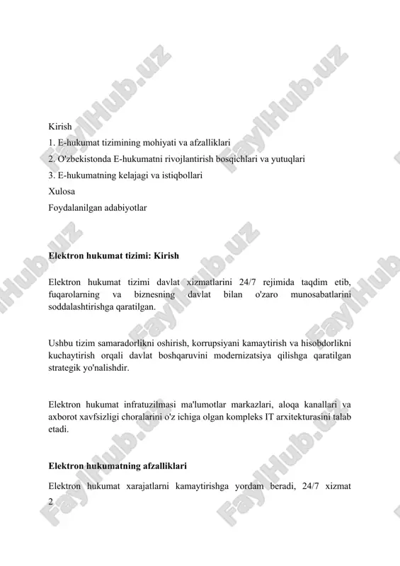 lari uchun interaktiv platforma yaratish, tenderlarda ishtirok etish va ruxsatnomalarni onlayn olish imkoniyatini taqdim etadi, masalan, litsenziyalash portali. elektron hukumat infratuzilmasi elektron hukumat infratuzilmasi davlat organlari oʻrtasida ma’lumot almashish tizimini (mdat) oʻz ichiga oladi, bu esa 100 dan ortiq axborot tizimining integratsiyasini ta’minlaydi. milliy ma’lumotlar bazasi (nmdb) elektron hukumat infratuzilmasining muhim qismi boʻlib, 20 dan ortiq turli xil ma’lumotlar toʻplamlarini jamlaydi va yangilab turadi. elektron hukumat portalida 300 dan ortiq interaktiv davlat xizmatlari mavjud boʻlib, 1 milliondan ortiq fuqaro va tadbirkorlik subyektlariga masofadan xizmat koʻrsatish imkoniyatini yaratadi. elektron hukumat xizmatlari elektron hukumat xizmatlari davlat xizmatlarini 24/7 rejimida taqdim etish imkonini beradi, bu esa fuqarolar va tadbirkorlarning vaqtini tejaydi va korrupsiyani kamaytirishga yordam beradi. my.gov.uz portali orqali 300 dan ortiq turdagi interaktiv xizmatlar taqdim etiladi, jumladan, soliq to'lash, ro'yxatdan o'tish va ma'lumotnomalar olish kabi muhim protseduralar soddalashtirilgan. elektron hukumat xizmatlari raqamli texnologiyalardan foydalangan holda davlat boshqaruvini optimallashtiradi, bu esa byurokratik to'siqlarni …