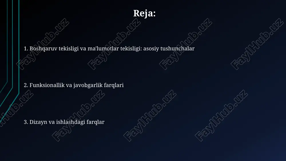 fic integrated circuits) joylashgan va har soniyada millionlab paketlarni tezkorlik bilan qayta ishlash uchun optimallashtirilgan. xavfsizlik nuqtai nazari boshqaruv tekisligi (control plane) ko'pincha zaifroq himoyalangan, chunki u protokollar (masalan, ssh, snmp) orqali ulanishlarni qabul qiladi, bu esa 100% kafolat bermaydi. ma'lumotlar tekisligi (data plane) xavfsizligi odatda tezlik uchun optimallashtirilgan, lekin dos hujumlariga qarshi 802.1x autentifikatsiya kabi qat'iy qoidalarni qo'llash uchun resurslar yetarli emas. muammolarni bartaraf etish muammolarni bartaraf etishda 1-qadam aniq muammoni topish, sabablarni aniqlash uchun diagnostika vositalaridan foydalanish va 80/20 qoidasiga ko'ra ustuvorliklarni belgilash muhim. nosozliklarni tuzatishda, tarmoq holatini doimiy monitoring qilish va tarixiy ma'lumotlarni tahlil qilish bilan, soatiga 1000ta paket yo'qotilish holatida tezkor reaktsiya talab etiladi. e'tiboringiz uchun rahmat image1.png image2.jpg image3.jpg image4.jpg image5.jpg image6.jpg image7.jpg