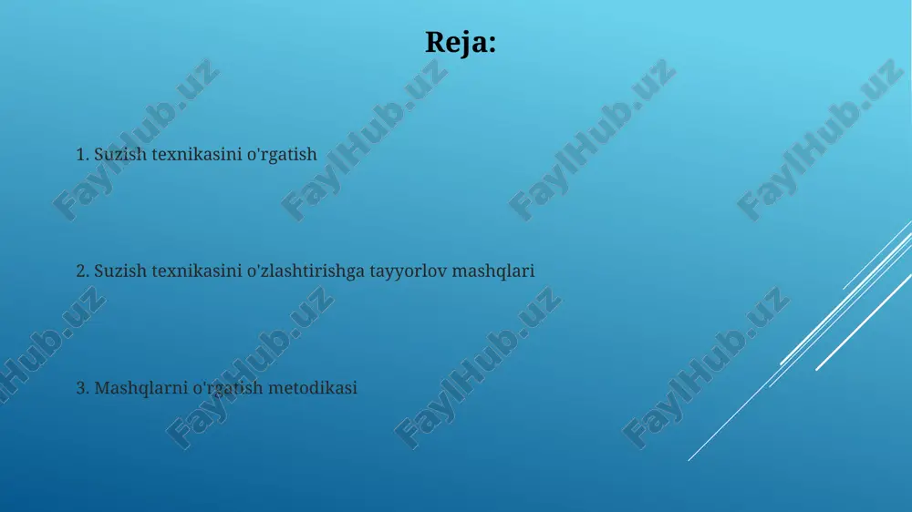 a moslashish, nafas olishni to'g'ri yo'lga qo'yish va asosiy harakatlarni o'rgatish. bu bosqichda muvozanatni saqlash muhim ahamiyatga ega. 2-bosqich: asosiy texnik elementlarni alohida-alohida o'rgatish, masalan, qo'l harakatlari, oyoq harakatlari va tana holatini to'g'ri bajarishga e'tibor qaratish kerak. xavfsizlik qoidalari va ehtiyot choralari har bir suzuvchi, suvga kirishdan oldin, suv harorati 20 darajadan past bo'lmasligi va suv havzasining chuqurligi uning bo'yiga mos kelishiga ishonch hosil qilishi kerak. hech qachon yolg'iz suzmang; har doim kamida bitta hamroh bo'lishi kerak, ayniqsa, ochiq suv havzalarida, baxtsiz hodisalarda tezkor yordam ko'rsatish uchun. mashg'ulotni rejalashtirish va tuzish mashg‘ulot rejasida isinish, asosiy qism va yakuniy qism kabi 3 asosiy bosqich bo‘lishi kerak; har bir bosqich uchun 10-15 daqiqa ajratish maqsadga muvofiq. mashg'ulot davomiyligi suzuvchining yoshiga va tayyorgarlik darajasiga bog'liq; masalan, yangi boshlanuvchilar uchun 30 daqiqa, tajribali suzuvchilar uchun 60 daqiqa optimal hisoblanadi. xatolarni aniqlash va tuzatish usullari xatolarni aniqlash uchun video tahlilidan foydalanish: harakatni sekinlashtirish, 0.1 soniyalik …