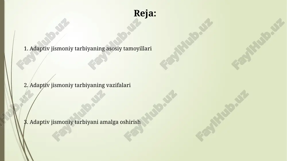z ichiga oladi. ushbu baholashda standartlashtirilgan testlar va kuzatuvlar qo'llaniladi (kamida 3 ta). itpda o'lchovli yillik maqsadlar belgilanadi. har bir maqsad smart tamoyillariga asoslanadi. (specific, measurable, achievable, relevant, time-bound). moslashuvchan jismoniy tarbiyada o'qitish usullari va strategiyalari adaptive jismoniy tarbiyada o'qitish usullari turli xil bo'lib, 1-dan 10-gacha bo'lgan qobiliyatga ega bolalarga moslashtirilgan, shuningdek, o'qitish modellari ham qo'llaniladi. strategiyalar har bir talabaning ehtiyojlarini qondirish uchun individual rejalarni (iep) o'z ichiga oladi, masalan, har bir bola uchun 2 ta vazifani ajratish lozim. dasturni baholash va muvaffaqiyatni o'lchash dasturni baholash adaptiv jismoniy tarbiya maqsadlariga erishish, jumladan, har bir ishtirokchining motor mahoratini erta aniqlashga qaratilgan. muvaffaqiyatni o'lchash ishtirokchilarning o'ziga xos ehtiyojlarini hisobga olgan holda, individual ta'lim rejasi (itp) maqsadlariga erishish darajasini baholashni o'z ichiga oladi. e'tiboringiz uchun rahmat image2.jpg image3.jpg image4.jpg image5.jpg image6.jpg image7.jpg image8.jpg