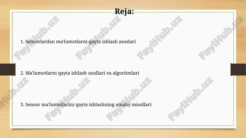 sh uchun turli xil usullarni talab qiladi. analog signallar odatda kuchaytiriladi va filtrlash usullari yordamida tozalanadi, raqamli signallar esa raqamli signal protsessorlari (dsp) yordamida filtrlanadi, siqiladi va qayta ishlanadi. filtrlash va shovqinni kamaytirish filtrlash yuqori yoki past chastotali komponentlarni yo'q qilish orqali shovqinni kamaytiradi. masalan, 50 hz chastotali filtrlash elektr shovqinni olib tashlashda muhim rol o'ynaydi. o'rtacha siljitish filtri ketma-ket n ta nuqtaning o'rtacha qiymatini hisoblab, o'zgarishlarni yumshatadi. bu oddiy usul, ammo signal kechikishiga olib kelishi mumkin. kalibrlash va kompensatsiya kalibrlash jarayoni sensorning chiqish qiymatlarini ma'lum standartlar bilan solishtirib, 0 nuqta ofseti va o'lchov omilidagi xatoliklarni aniqlash imkonini beradi. kompenzatsiya usullari haroratning o'zgarishi, kuchlanishning tebranishi va boshqa tashqi ta'sirlar tufayli yuzaga keladigan xatoliklarni kamaytirish uchun matematik algoritmlar va elektron sxemalardan foydalanadi. ma'lumotlarni konvertatsiya qilish va normalizatsiya ma'lumotlarni konvertatsiya qilish, xususan, 0 dan 1 gacha bo'lgan diapazonga o'tkazish (min-maks normalizatsiya) sensordan olingan qiymatlarni mos oraliqqa keltirib, ularni solishtirish imkonini beradi. normalizatsiya, …