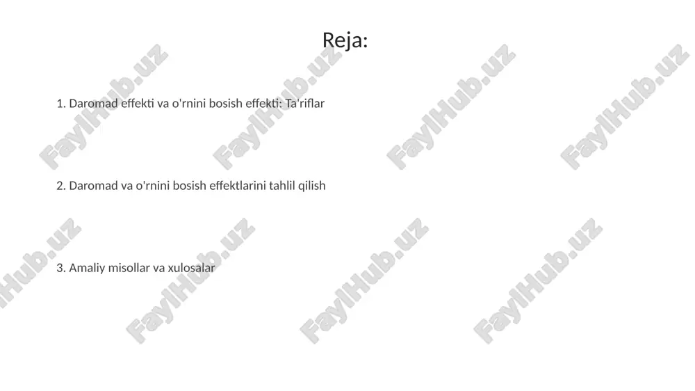 bilan atalgan. xicks talabi (kompensatsiyalangan talab) real daromad doimiy bo'lganda, faqat o'rnini bosish effektini ko'rsatadi. bu talab egri chizig'i narxlar o'zgarganda iste'molchining foydaliligini doimiy saqlab turadi. misollar va amaliy qo'llanilishi benzin narxi oshganda, iste'molchilar avvaliga arzonroq benzin izlashadi (o'rnini bosish effekti), ammo keyin yo'l xarajatlari ortishi bilan kamroq haydashadi (daromad effekti). agar ish haqi oshsa, odamlar ko'proq dam olishni xohlashlari mumkin (o'rnini bosish effekti dam olish uchun), lekin katta daromad bilan ular kamroq ishlashni va ko'proq dam olishni xohlashlari mumkin (daromad effekti). xulosa agar tovar giffen tovari bo'lsa, narx pasayishi bilan daromad effekti o'rinbosar effektidan kuchliroq bo'ladi, natijada talab kamayadi, bu esa talab qonuniga ziddir. xulosa shuni ko'rsatadiki, tovar narxi pasayganda, iste'molchi ham nisbiy arzonroq tovarlardan ko'proq sotib oladi (o'rinbosar effekti), ham real daromadning oshishi tufayli (daromad effekti). e'tiboringiz uchun rahmat image5.jpg image6.jpg image7.jpg image8.jpg image9.jpg image10.jpg image11.jpg image1.jpeg image2.jpeg