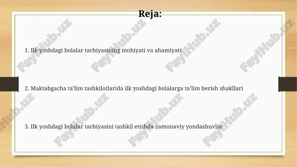 orqali erta yoshdagi bolalar o'zlarining 5 sezgisini rivojlantiradilar va yangi 4 ta ko'nikmalarni shakllantiradilar. kundalik rejim va sharoit yaratish kun tartibi bolaning fiziologik ehtiyojlarini hisobga olgan holda 1,5-3 yoshdagi bolalar uchun 2-2,5 soatlik uyqu va 10-15 daqiqalik o'yin faoliyatini o'z ichiga oladi. sharoit yaratishda xavfsizlik birinchi o'rinda turadi, barcha jihozlar va o'yinchoqlar 0-3 yoshdagi bolalar uchun gost standartlariga javob berishi, toksik bo'lmagan materiallardan tayyorlanishi shart. guruh xonasida harorat 22-24 daraja selsiy bo'lishi, namlik 50-60% bo'lishi, 2-3 yoshli bolalar uchun qulay mikroklimatni ta'minlash va kasalliklarni oldini olish muhimdir. xulosa: ilk yoshdagi tarbiyaning istiqbollari kelajakda ilk yoshdagi tarbiya 3 yoshgacha bo'lgan bolalar uchun sensorli-motorika rivojlanishini rag'batlantiruvchi steam (fan, texnologiya, muhandislik, san'at, matematika) elementlarini o'z ichiga oladi. ilk yoshdagi tarbiyada 2030-yilgacha bo'lgan istiqbolda inklyuziv ta'limning roli ortadi, bunda erta aralashuv dasturlari erta yoshdagi bolalar uchun dolzarbdir. ilk yoshdagi tarbiya istiqbolida ota-onalarning ta'lim jarayonidagi ishtiroki 75% ga oshishi kutilmoqda, bu bolaning rivojlanishiga ijobiy ta'sir …