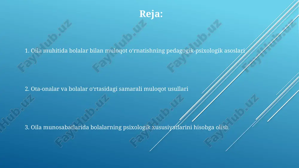 g yosh xususiyatlarini hisobga olish 3-6 yoshdagi maktabgacha yoshdagi bolalar uchun o'yin faoliyatiga e'tibor qaratish muhim, chunki bu ularning kognitiv rivojlanishi va ijtimoiy ko'nikmalarini shakllantirishda muhim rol o'ynaydi. o'smirlik davrida (12-18 yosh) mustaqillik va shaxsiyatni rivojlantirishga bo'lgan ehtiyoj ortadi; shuning uchun ota-onalar hurmat bilan munosabatda bo'lishlari va tanlov erkinligini ta'minlashlari kerak. boshlang'ich maktab yoshidagi (7-11 yosh) bolalarning o'quv faoliyatiga qiziqishini oshirish uchun ularga turli xil ta'limiy o'yinlar va qiziqarli topshiriqlar taklif qilish lozim. ota-onalik uslublarining ta'siri ruxsat beruvchi ota-onalik, 7 yoshdan 12 yoshgacha bo'lgan bolalarda intizom yetishmasligiga sabab bo'ladi va o'z-o'zini nazorat qilish ko'rsatkichlarini 25% ga kamaytiradi. avtoritar ota-onalik uslubi bolaning mustaqilligini cheklab, depressiya xavfini 1.5 barobar oshiradi, ijodkorlik va muammolarni yechish qobiliyatiga salbiy ta'sir ko'rsatadi. demokratik ota-onalik bolalarda yuqori o'ziga ishonch, 80% gacha yaxshi muloqot qobiliyatlarini rivojlantiradi va ijtimoiy moslashuvchanlikni oshiradi. ishonchli munosabatlarni yaratish konfidensiallikni saqlash bolalar bilan ishonchli munosabatlarning asosi hisoblanadi, 12 yoshdan katta bolalar uchun, ular bilan …