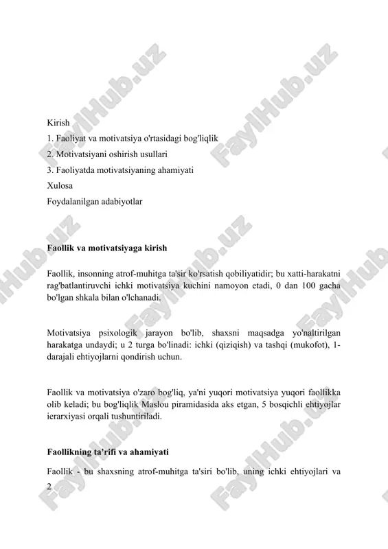 uchdir. ichki va tashqi motivatsiya ichki motivatsiya, masalan, qiziqish uyg'otadigan vazifani bajarishda 100% ko'proq qoniqish hissi bilan namoyon bo'ladi, bu shaxsning o'zidan kelib chiqadi. tashqi motivatsiya, pul mukofoti kabi, xatti-harakatni 50% ga oshirishi mumkin, lekin uzoq muddatli ta'siri ichki motivatsiyadan kamroq bo'ladi. o'z-o'zini belgilash nazariyasiga ko'ra, ichki motivatsiya avtonomiya, kompetentlik va aloqadorlik hislarini 80% ga qondirish orqali rivojlanadi. motivatsiya nazariyalari maslouning ehtiyojlar piramidasi nazariyasi 5 ta bosqichdan iborat boʻlib, fiziologik ehtiyojlardan oʻzini namoyon qilishgacha boʻlgan motivatsiyani tushuntiradi. vroomning kutish nazariyasi shuni koʻrsatadiki, motivatsiya kuchli ishlashga erishish uchun umid, instrumentalizm va valentlikning kombinatsiyasidir. oʻz-oʻzini belgilash nazariyasi ichki va tashqi motivatsiyaning ahamiyatini taʼkidlaydi, shuningdek, avtonomiya, kompetentlik va aloqadorlikni asosiy ehtiyojlar deb hisoblaydi. ehtiyojlar ierarxiyasi (maslou piramidasi) maslou piramidasi 5 ta pog'onadan iborat bo'lib, fiziologik ehtiyojlar (ovqat, suv), xavfsizlik, ijtimoiy, hurmat va o'zini-o'zi anglash ehtiyojlarini o'z ichiga oladi. har bir pog'onadagi ehtiyojlar qondirilgandan so'ng, inson keyingi, yuqori darajadagi ehtiyojlarni qondirishga intiladi, bu esa …