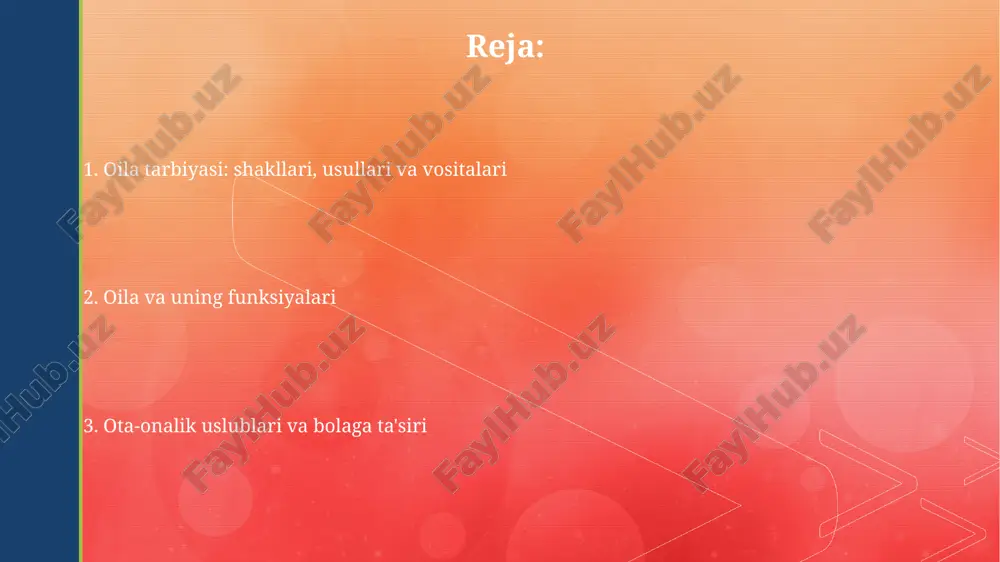 antiradi. jazolash usuli – noto'g'ri xatti-harakatlarni bartaraf etish uchun qo'llaniladi, lekin u 3-darajali ruhiy jarohat yetkazmasligi va 4-darajali shaxsiy qadr-qimmatni kamsitmasligi kerak. oila tarbiyasida qo'llaniladigan vositalar oila tarbiyasida shaxsiy namuna muhim ahamiyatga ega, chunki bolalar ota-onalarning xatti-harakatlarini kuzatib, ulardan o'rnak oladilar, bu esa 70-80% hollarda takrorlanadi. rag'batlantirish usullari (masalan, 'mukofotlash' tizimi) bolalarning ijobiy xatti-harakatlarini kuchaytiradi, lekin uni haddan ziyod qo'llash 20% hollarda teskari ta'sir ko'rsatishi mumkin. oila tarbiyasining maqsad va vazifalari oila tarbiyasining asosiy maqsadi - har tomonlama rivojlangan, ma'naviy boy, axloqiy barkamol shaxsni shakllantirish, 18 yoshga yetguncha jamiyatga foydali a'zo bo'lishga tayyorlash. oila tarbiyasining muhim vazifalaridan biri - bolalarga milliy va umuminsoniy qadriyatlarni singdirish, ularni 100% vatanparvarlik ruhida tarbiyalash, o'zligini anglashga yordam berishdir. ota-onaning tarbiyadagi roli ota-onaning roli bolaning shaxsiy rivojlanishida muhim, ularning erta yoshdagi ta'siri kelajakdagi xulq-atvori, ijtimoiy ko'nikmalari va erta intellektual rivojlanishiga ta'sir qiladi. oilada ota-onalar axloqiy me'yorlar, an'analar va madaniy qadriyatlarni singdirish orqali bolaning ma'naviy kamoloti …