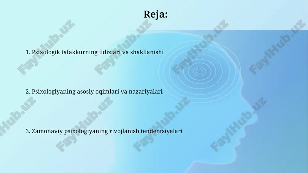 funksionalizm: ongning vazifasiga e'tibor funksionalizm, 19-asr oxirida paydo bo'lib, ongning evolyutsion vazifalariga, shu jumladan adaptatsiya va vaziyatlarga moslashuvga katta e'tibor qaratadi. uilyam jeymsning «psixologiya prinsiplari» (1890) funksionalizmning asosiy asari hisoblanadi. bu, ayniqsa, ongli tajribaning oqimi 0 dan 100 gacha bo'lgan o'zgarishlarni o'rganishga qaratilgan. g'ayrioddiy psixologiya va psixoanalizning yuksalishi g'ayrioddiy psixologiya 19-asrda, ruhiy kasalliklarni ilmiy o'rganishga qaratilgan holda, biologik va genetik omillarga e'tibor kuchaygan davrda rivojlandi. psixoanaliz esa, 20-asr boshlarida, sigmund freud tomonidan yaratilgan bo'lib, ongsizlik, bolalik travmalari va tushlarni talqin qilishga asoslangan nazariyadir. biheviorizm: kuzatiladigan xatti-harakatga urg'u behaviorizm 20-asr boshlarida paydo bo'lib, psixologiyaning introspeksiyadan voz kechib, faqat kuzatiladigan xatti-harakatlarni o'rganishga qaratilgan inqilobiy yondashuv edi. ivan pavlovning itlarda shartli reflekslar bo'yicha tajribalari (1890-1930 yillar) behaviorizmning asosiy tamoyili - o'rganish tashqi stimullarga javob sifatida yuzaga kelishini ko'rsatdi. gestalt psixologiyasi: idrokning yaxlitligi gestalt psixologiyasi 20-asr boshlarida shakllandi va idrokni alohida elementlar yig'indisi emas, balki yaxlit tuzilma (gestalt) sifatida o'rganishni ta'kidladi. gestalt psixologiyasining asosiy …