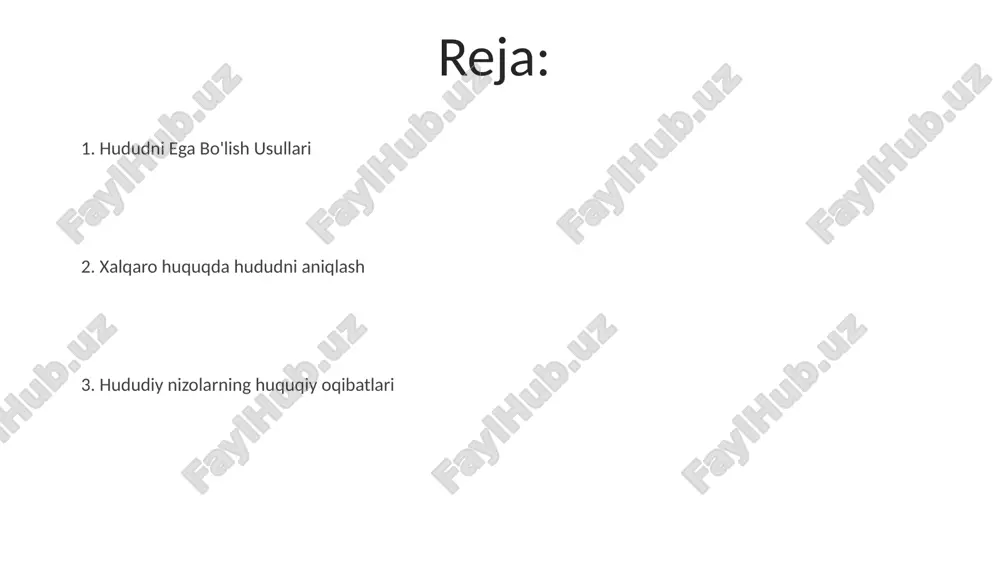 arni qidirish va foydalanish uchun imkon beradi. huquqiy holat saqlanishi "uti possidetis juris" xalqaro huquqda, ayniqsa, mustamlaka imperiyalari parchalanishidan keyin chegaralar bo'yicha nizolarni hal qilishda ko'p qo'llaniladi. u barqarorlikni ustuvor qiladi va rasmiy ravishda belgilanmagan bo'lsa ham, o'rnatilgan chegaralarni tan olish orqali hududiy nizolarni oldini oladi. uti possidetis juris, mustaqillikdan oldin mavjud bo'lgan ma'muriy bo'linmalarga asoslanib davlat chegaralarini belgilovchi huquqiy printsipdir. bosib olish va qo'shib olish bmt nizomnomasi har qanday davlatning hududiy yaxlitligi yoki siyosiy mustaqillikka qarshi kuch ishlatishni taqiqlaydi. xalqaro huquqda bosib olish va qo'shib olish endi hudud olishning qonuniy usuli deb tan olinmaydi. xalqlarning o'zini o'zi belgilash huquqi xalqaro huquqning asosiy tamillaridan biridir va davlatlar kuch bilan qo'lga kiritilishi mumkin emas. globalizatsiyaning hududiy qonunchilikka ta'siri xalqaro tashkilotlar hududiy huquqda tobora muhim rol o'ynamoqda. transmilliy huquqiy masalalar yurisdiksiya nizolariga yangi yondashuvlarni talab qiladi. globalizatsiya hududiy suverenitetning an'anaviy tushunchalariga qarshilik ko'rsatmoqda. hududning samarali nazorati va boshqaruvi talab etiladi. xalqaro huquq …