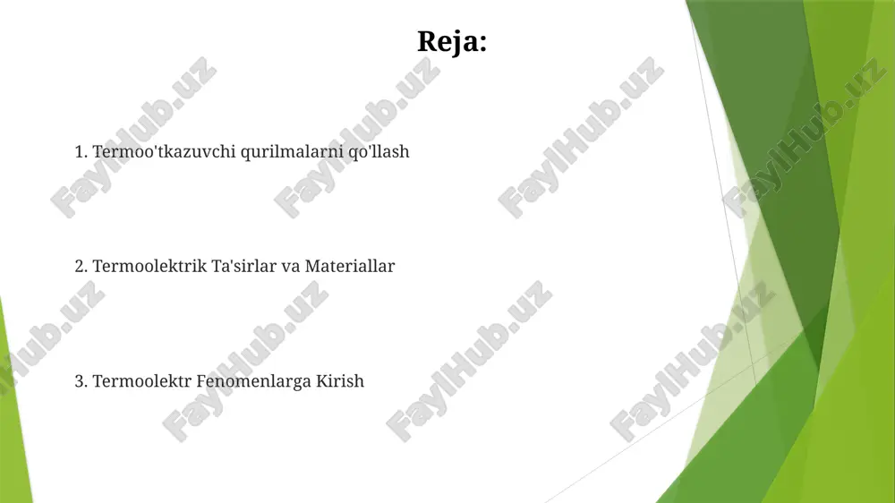 rsiya samaradorligi va yuqori narx. tomson effekti seebeck effekti, ikki nuqta o'rtasida harorat farqi bo'lganda elektr zanjirda elektromotor kuch (emk) hosil bo'lishidir. peltier effekti ikki turli o'tkazgichning tutashgan joyida elektr toki o'tganda issiqlik yutilishi yoki chiqarilishi. e'tiboringiz uchun rahmat @taqdimot_robot image1.jpg image2.jpg image3.jpg image4.jpg image5.jpg image6.jpg image7.jpg image8.jpg image9.jpg