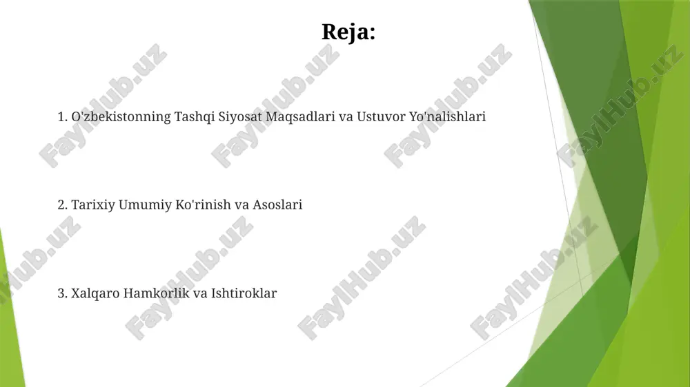 nvestitsiyalarni jalb qilmoqda va global bozorga integratsiyasini rag'batlantiryapti. o'zbekiston markaziy osiyoda strategik jihatdan qulay joylashgan bo'lib, uni mintaqaviy savdo va transport markazi sifatida rivojlantirish imkoniyatini beradi. qiyinchiliklar va imkoniyatlar savdo, investitsiya va infratuzilma rivojlanishi orqali iqtisodiy salohiyatni ishga solish. rossiya va g'arb bilan strategik hamkorlikni muvozanatlashtirish va mintaqaviy murakkabliklarni hal qilish. iqtisodiy diplomatiya o'zbekiston an'anaviy munosabatlar doirasidan chiqib, iqtisodiy hamkorliklarini diversifikatsiya qilishga qiziqish bildirmoqda. o'zbekiston xorijiy investitsiyalarni jalb qilish va savdo aloqalarini mustahkamlash uchun iqtisodiy diplomatiyaga ustuvorlik beradi. e'tiboringiz uchun rahmat @taqdimot_robot image1.jpg image2.jpg image3.jpg image4.jpg image5.jpg image6.jpg image7.jpg image8.jpg image9.jpg
