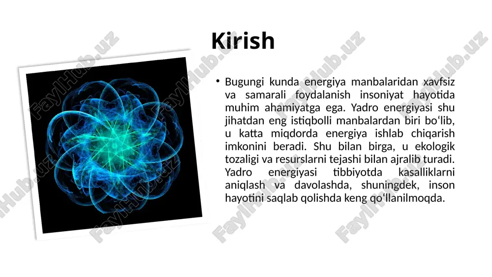 xatosi va texnologik kamchiliklar oqibatidagi falokat. u yadro xavfsizligi madaniyatini tubdan o‘zgartirishga turtki berdi. fokushima (2011) tabiiy ofat (yer qimirlashi va tsunami) sabab bo‘lgan jiddiy avariya. yangi avlod reaktorlarida passiv xavfsizlik tizimlarini joriy etishni talab qildi. olingan saboqlar bu voqealar xavfsizlikni birinchi o‘ringa qo‘ygan holda, avtomatik himoya va mustahkamlangan konstruksiyalarga ega yangi avlod reaktorlarini yaratishga olib keldi. 5 yadro energiyasi va iqlim o‘zgarishiga qarshi kurash yadro energiyasi dunyoning global isishga qarshi kurashdagi eng samarali vositalaridan biridir. 10% kamaytirish yadro energiyasi global karbon chiqindilarining o'n foizini kamaytirishga doimiy hissa qo'shadi. 440+ faol reaktorlar 2025 yil holatiga ko‘ra, dunyo bo‘yicha 440 dan ortiq yadro reaktorlari uzluksiz elektr energiyasi ishlab chiqaradi. 1b+ co2 oldini olish yadro elektr stansiyalari har yili milliardlab tonna co2 chiqindilarining atmosferaga chiqishining oldini oladi. 6 yadro energiyasi va sog‘liqni saqlash: davolash va diagnostika yadro texnologiyalari nafaqat energetikada, balki tibbiyot sohasida ham inson hayotini saqlashda beqiyos ahamiyatga ega. radiatsiya terapiyasi …
