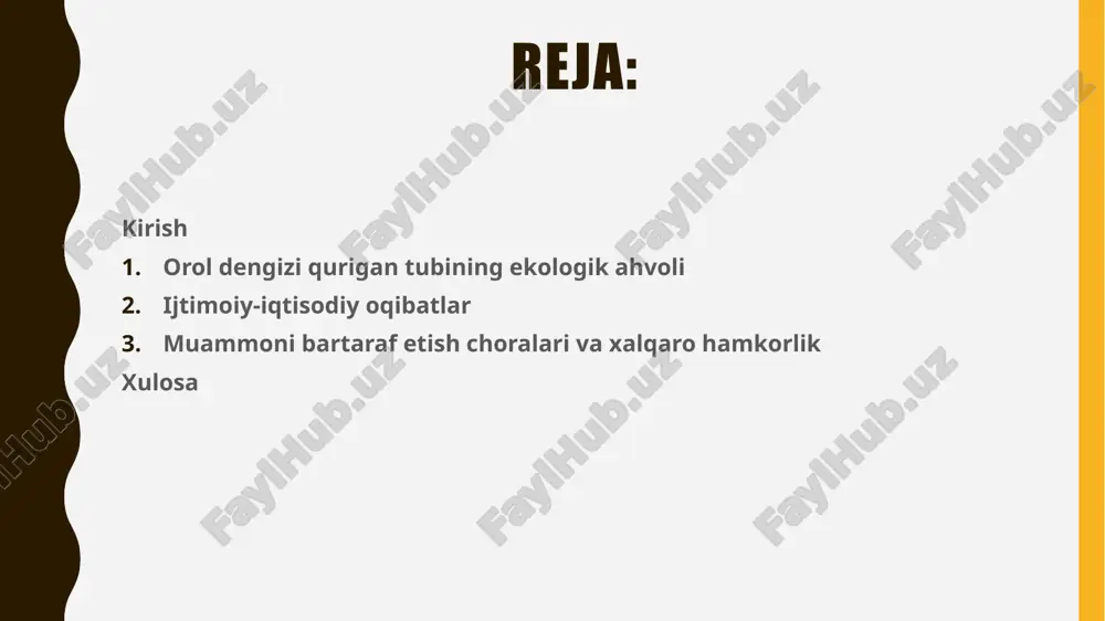 engizining qurishi nafaqat ekologik, balki ijtimoiy va iqtisodiy sohalarda ham katta muammolarni keltirib chiqardi. dengiz yo‘qolishi natijasida baliqchilik tarmog‘i butunlay inqirozga uchradi, minglab odamlar ish o‘rinlaridan ayrildi. qirg‘oqbo‘yi shaharlari, jumladan mo‘ynoq singari markazlar iqtisodiy jihatdan tanazzulga yuz tutdi. suv tanqisligi qishloq xo‘jaligida suv tanqisligi va tuproq sho‘rlanishi hosildorlikni keskin kamaytirdi. natijada, aholining daromadi pasaydi, ko‘plab xo‘jaliklar faoliyatini to‘xtatdi. ishsizlik darajasining oshishi, ijtimoiy himoyaning sustligi aholining boshqa hududlarga majburiy migratsiyasiga sabab bo‘ldi. ekologik muhit ekologik muhitning yomonlashuvi aholining sog‘lig‘iga ham jiddiy ta’sir ko‘rsatmoqda. bolalarda nafas yo‘llari kasalliklari, anemiya, allergiya, yurak-qon tomir va buyrak kasalliklari ko‘paygan. tibbiy xizmat sifati past bo‘lgan joylarda bu muammolar yanada kuchaymoqda. shuningdek, ijtimoiy infratuzilmaning (yo‘llar, ichimlik suvi tizimi, sog‘liqni saqlash muassasalari) zaifligi hayot sifatini pasaytirgan. orolbo‘yi aholisi ekologik va ijtimoiy jihatdan eng noqulay mintaqalardan biriga aylangan. muammoni bartaraf etish choralari orolbo‘yi mintaqasidagi ekologik inqirozni yumshatish va tabiiy muvozanatni tiklash maqsadida so‘nggi yillarda bir qator chora-tadbirlar amalga oshirilmoqda. …