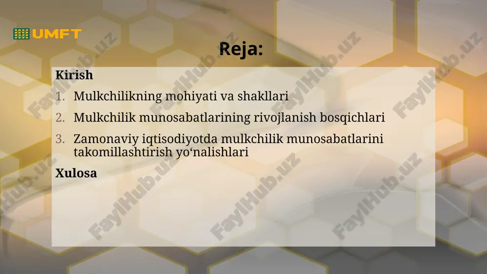 shaklda bo‘lib, ishlab chiqarish vositalari va natijalari barcha a’zolar tomonidan birgalikda ishlatilgan. keyinchalik ishlab chiqarish vositalarining rivojlanishi va mehnat taqsimotining chuqurlashuvi natijasida xususiy mulk shakllana boshladi. feodalizm davri feodalizm davrida mulkchilik asosan yerga egalik qilish asosida shakllandi. bu davrda mulk huquqi ko‘proq zodagonlar va yer egalari qo‘lida to‘plangan. keyingi bosqichda, ya’ni kapitalistik jamiyatda esa xususiy mulk asosiy ishlab chiqarish kuchiga aylandi, bozor iqtisodiyoti va raqobat tizimi keng rivojlandi. mustaqillik yillari o‘zbekiston respublikasida esa mustaqillikka erishilgach, mulkchilik munosabatlarini yangicha asosda tashkil etish davlat siyosatining ustuvor yo‘nalishiga aylandi. 1990-yillardan boshlab davlat mulkini xususiylashtirish, aksiyadorlik jamiyatlarini tashkil etish, xorijiy investitsiyalarni jalb etish orqali iqtisodiyotda turli mulk shakllari shakllandi. natijada, davlat, xususiy, jamoa va aralash mulkchilik turlari o‘zaro uyg‘unlashgan holda faoliyat yurita boshladi. bugun bugungi kunda o‘zbekistonda mulkchilik munosabatlarini yanada takomillashtirish, xususiy sektor ulushini oshirish, mulkdorlar huquqlarini himoya qilish va raqobatbardosh iqtisodiy muhitni yaratish yo‘lida keng ko‘lamli islohotlar amalga oshirilmoqda. zamonaviy iqtisodiyotda mulkchilik munosabatlarini …