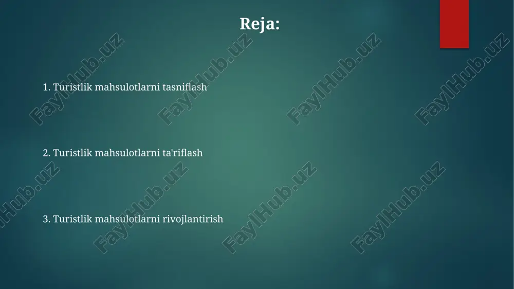 qsadli bozor va yetkazib berish usuli (individual vs. paketli) bo'yicha tasniflanadi. muvaffaqiyatli turizm mahsulotlari maqsadli bozorning o'ziga xos ehtiyojlari va istaklarini qondirishga mo'ljallangan, kirish mumkin va pulga nisbatan qiymat taklif qiladi. turizm mahsulotlari mehmonxona va transport kabi moddiy tovarlarni, ekskursiyalar va ko'ngil ochish kabi moddiy bo'lmagan xizmatlarni va madaniy tadbirlar va tabiiy go'zallik kabi tajribalarni o'z ichiga oladi. marketing va reklama reklama taktikasi raqamli marketing, reklama, jamoatchilik bilan aloqalar, hamkorlik va tadbirlar kabi turli kanallardan foydalanadi. turizm mahsulotlari turli xil takliflarni o'z ichiga oladi, masalan, manzillar va diqqatga sazovor joylar, turar joylar, transport va tajribalar. marketing va reklama maqsadli auditoriyani jalb qilish va jalb qilish, turizm mahsulotlari haqida xabardorlik va istakni yaratish strategiyalarini o'z ichiga oladi. e'tiboringiz uchun rahmat @taqdimot_robot image1.png image2.png image3.png image4.png image5.png image6.png image7.png image8.png image9.png image10.png