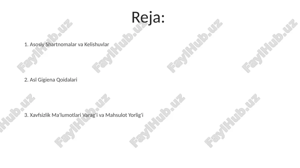 shunish tegishli qonun-qoidalar va standartlar bilan tanishib chiqing. sanoatdagi sog'liqni saqlash va xavfsizlik bo'yicha qonuniy talablarni tushuning. tətbiq qiling va saqla: gigiena protokollarini mashgʻulotlar, nazorat va tekshirishlar orqali doimiy ravishda amalga oshirish va saqlashni taʼminlang. gigiena bo'yicha o'quv materiallari: xodimlarga to'g'ri gigiena qoidalarini o'rgatish uchun ta'lim resurslarini yarating va foydalaning. gigiena bo'yicha o'quv materiallari litsenziya va ruxsatnomalar sog'liqni saqlash ruxsati: mahalliy hokimiyat organlari tomonidan sanitariya standartlariga rioya qilinishini ta'minlash uchun beriladi. oziq-ovqat xodimlarining ruxsatnomasi: tijorat muhitlarida oziq-ovqat bilan ishlaydigan har bir kishi uchun zarur. iste'molchilarni himoya qilish qonunlari kvitansiyalarni va hujjatlarni saqlang: bu dalil shikoyat qilish yoki qaytarish kerak bo'lsa, muhimdir. yorliqlarni diqqat bilan o'qing: tarkibiy qismlar ro'yxati, ogohlantirishlar va ko'rsatmalar xavfsiz gigiena amaliyotlari uchun juda muhim. mahsulot javobgarligi xavfsizlik ma'lumotlari varag'i (xmv): mahsulotning xavflar, xavfsiz ishlatish va favqulodda vaziyatlarga oid protseduralar haqida to'liq ma'lumot beradigan hujjatlar. mahsulot javobgarligi: bu huquq sohasi nuqsonli mahsulotlar tufayli kelib chiqqan jarohatlar uchun ishlab …
