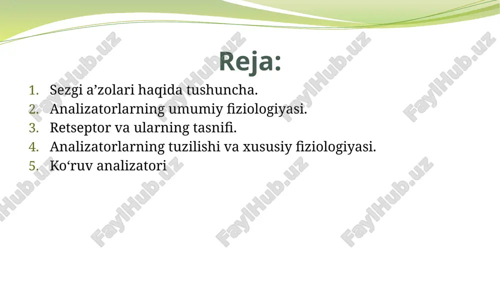 torlarning umumiy fiziologiyasi asosida turli diagnostik usullar ishlab chiqilgan (elektroretinografiya, elektroensefalografiya, audiometriya). elektroretinografiya analizatorlarning umumiy xususiyatlari (jadval) xususiyat ta’rifi misol moslashuv (adaptatsiya) uzoq davom etuvchi ta’sirda sezgirlikning pasayishi qorong‘ida ko‘zning sekin-asta yorug‘likka moslashishi sezgi chegarasi minimal ta’sir kuchi, u seziladigan darajaga yetadi eng past tovushni eshitish sezgi intensivligi ta’sir kuchi oshishi bilan sezgi ham kuchayadi yorug‘lik kuchayganda ko‘rish qobiliyati kuchayadi differensial sezgirlik o‘xshash signallarni farqlash qobiliyati rang ohanglarini ajratish, tovush balandligini farqlash koordinatsiya turli analizatorlar faoliyatining birgalikda ishlashi ko‘rish + vestibulyar tizim muvozanatni ta’minlaydi retseptor va ularning tasnifi retseptorlar — tashqi yoki ichki ta’sirlarni nerv impulslariga aylantiruvchi maxsus sezgir nerv oxirlari. ular bir nechta belgiga ko‘ra tasniflanadi: ta’sir manbasiga ko‘ra: energiya turiga ko‘ra: ta’sir manbasiga ko‘ra eksteroretseptorlar – tashqi muhitdan (ko‘rish, eshitish, hid, teri sezgisi). interoretseptorlar – ichki organlardan (qon bosimi, kimyoviy tarkib). proprioretseptorlar – mushak, pay, bo‘g‘im holatini qabul qiladi. ko‘ruv analizatori ko‘ruv tizimi tashqi muhit haqidagi eng katta …