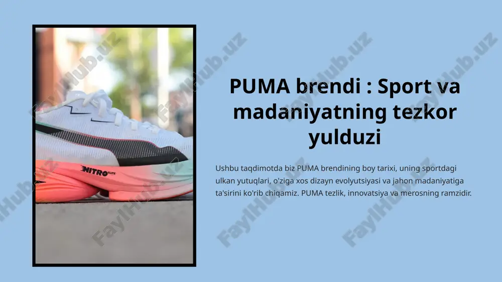 ary 100 metr yugurish musobaqasida oltin medal sohibi bo‘ldi. bu yutuq pumaning yengil atletikadagi mavqeini mustahkamladi. 5 futbol merosi: "puma king"ning paydo bo‘lishi puma futbol tarixidagi eng nufuzli poyabzallardan birini yaratib, sport olamidagi ta'sirini yanada kuchaytirdi. eusébio - jahon chempionati yulduzi 1966-yilda pumaning homiyligidagi futbolchi eusébio (portugaliya) angliyada bo'lib o'tgan jahon chempionatida eng ko‘p gol uruvchi bo‘ldi, bu brendning futbol olamidagi obro‘sini oshirdi. "king"ning taqdimoti aynan shu yili puma o‘zining afsonaviy "king" futbol poyabzalini taqdim etdi. u yuqori sifatli charm va ajoyib qulaylikni birlashtirdi. afsonaviy model "puma king" tezda futbol tarixidagi eng mashhur va eng uzoq muddatli modellar qatoriga kirdi, uni pele, maradona va kroyff kabi buyuklar kiyishgan. 6 pumaning global muvaffaqiyati va moliyaviy ko‘rsatkichlari (2023) puma jahon miqyosida uchinchi yirik sport kiyimlari ishlab chiqaruvchisi sifatida o‘z o‘rnini mustahkamlab kelmoqda. €8.6b umumiy daromad 2023-yilda pumaning sotuvdan tushgan daromadi qariyb 8.6 milliard yevroni tashkil etdi, bu global talabning doimiy o‘sishidan dalolat …