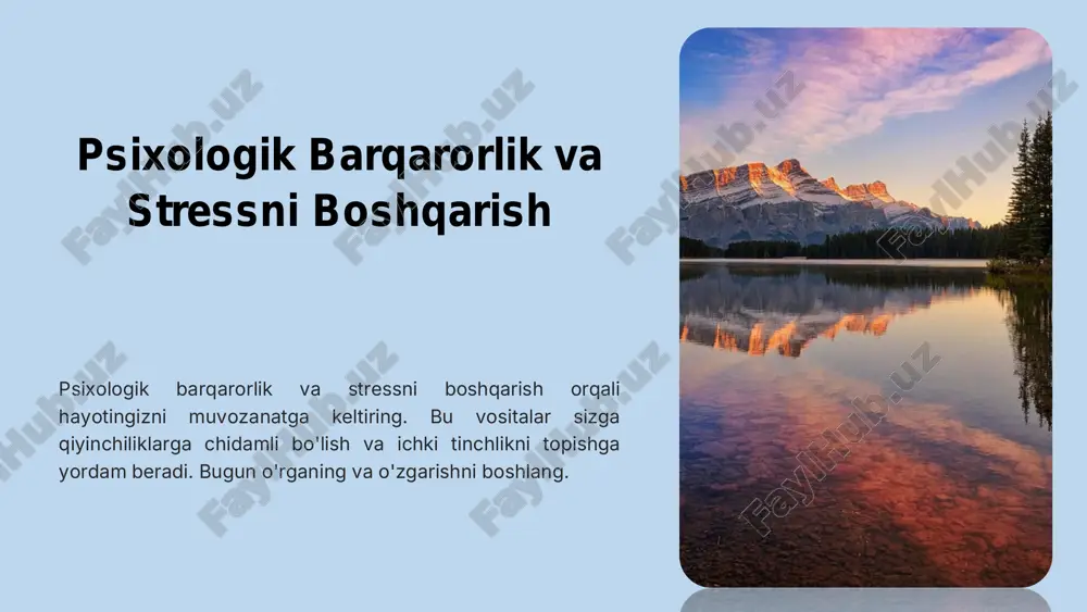 va jismoniy faollik, masalan, kuniga 30 daqiqa yurish, stress gormonlarini kamaytiradi va energiyani oshiradi. muammolarni aniqlang va ularni hal qilish strategiyalarini ishlab chiqing. bu sizga vaziyatni nazorat qilish hisini beradi. amaliy mashqlar: mushaklarni bo‘shashtirish va nafas olish texnikalari progressiv mushak bo'shashtirish: tananing har bir mushak guruhini 5 soniya qisqartiring, keyin sekin bo'shashtiring — bu kuchaygan stressni yumshatadi. chuvalchang nafas olish: burundan 4 soniya nafas oling, 4 soniya ushlang va og'izdan 4 soniya chiqaring. jahon sog'liqni saqlash tashkilotining (jsst) tavsiyasiga ko'ra, har kuni 5-10 daqiqa bunday mashqlar ruhiy holatni sezilarli darajada yaxshilaydi va uyquni normallashtiradi. 1-qadam: tayyorlaning tinch joyda o'tiring. 2-qadam: amalga oshiring nafas va mushaklarni ishlatish. 3-qadam: takrorlang kunlik odat qiling. ijobiy s tres s va uning foydalari ijobiy stress, masalan, muhim taqdimot oldidagi hayajon, motivatsiyani oshiradi va samaradorlikni kuchaytiradi. stressni ijobiy qabul qilish psixologik barqarorlikni mustahkamlaydi, chunki u o'zgarishlarga moslashish va shaxsiy o'sish uchun zarur. tadqiqotlar shuni ko'rsatadiki, bunday …