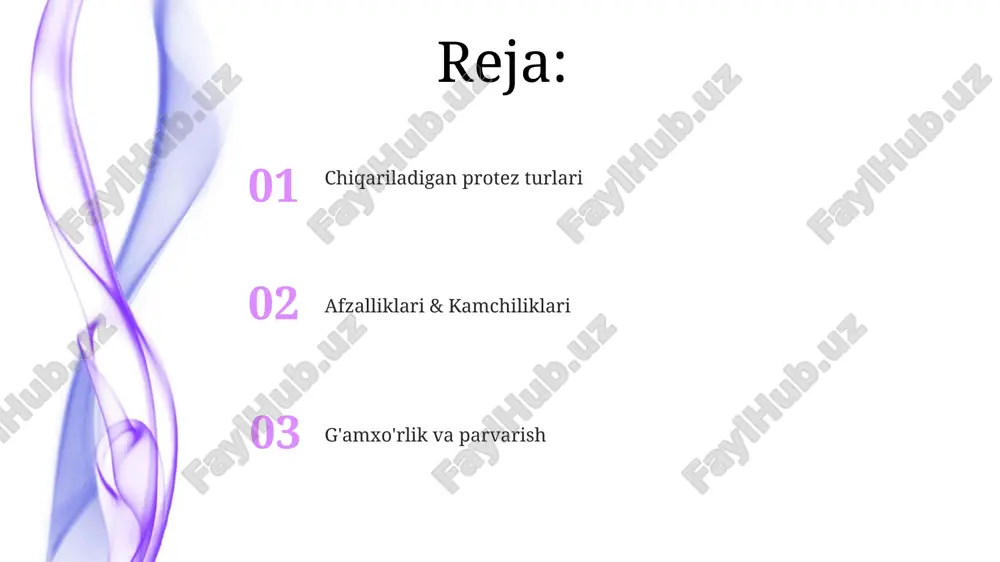 ov olish maxsus o'lchamdagi protezlarni yaratish uchun juda muhim. taassurotlar sizning protezlaringiz uchun shablon vazifasini o'taydigan modellarning yaratilishida ishlatiladi. sizning og'zingizdan batafsil qolip olish uchun materialdan foydalaniladi. savol-javob: sizning savollaringizga javoblar ular akril yoki neylonlardan qilingan va tozalash uchun chiqarilishi mumkin. tish protezlari vaqt o'tishi bilan sozlashni yoki qayta qoplashni talab qilishi mumkin. olib qo'yiladigan protezlar yo'qolgan tishlarni almashtirish uchun ishlatiladi. protezlar bilan ovqatlanish: yangi ovqatlanish usuliga moslashish yumshoq ovqatlar bilan boshlang va asta-sekin qattiqroq to'qimalarga o'ting. og'izingizni ikki tomoningizda sekin va yaxshilab chaynang. yopishqoq yoki chaynaladigan ovqatlarni iste'mol qilmang, chunki ular protezlarni tushirib yuborishi mumkin. to'liq protezlar: barcha tishlarni almashtirish to'liq protezlar chaynash, nutq va tashqi ko'rinishni yaxshilaydi. tishlarni olib qo'yiladigan va muntazam tozalashni talab qiladi. to'liq protezlar yuqori yoki pastki jag'dagi barcha tishlarni almashtiradi. umumiy muammolar va asoratlar: potensial muammolarni hal qilish add text add text add text add text add text add text tishlar harakatlanishi tufayli gapirish …