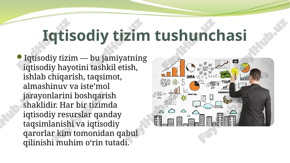 ozor + davlat innovatsiya juda past yuqori past o‘rtacha resurs taqsimoti an’analar asosida talab va taklif asosida reja asosida bozor va davlat aralashuvi misol afrika qabilalari aqsh shimoliy koreya o‘zbekiston an’anaviy iqtisodiyot afzalliklari: barqarorlik yuqori, xavf past. jamiyatda an’analar va qadriyatlar saqlanib qoladi kamchiliklari: innovatsiyaga qarshilik kuchli. mehnat unumdorligi past. tabiiy ofatlar yoki tashqi ta’sirlarga moslashish qiyin. bozor iqtisodiyoti afzalliklari: resurslardan samarali foydalanish. innovatsiyalar va raqobatni rag‘batlantiradi. iste’molchi manfaatlari ustuvor. kamchiliklari: ijtimoiy tengsizlik kuchayadi. davlat nazorati yetarli bo‘lmasa, iqtisodiy inqirozlar yuzaga kelishi mumkin. ba’zi tarmoqlar (ta’lim, sog‘liqni saqlash) e’tiborsiz qoladi. buyruqbozlik iqtisodiyoti afzalliklari: rejalashtirish orqali resurslarni to‘liq safarbar etish mumkin. ishsizlik past darajada bo‘ladi. strategik sohalar davlat nazoratida bo‘ladi. kamchiliklari: rag‘bat tizimi sust, shaxsiy manfaat past. innovatsiya va texnologik yangilanishlar sekin. samaradorlik past, ortiqcha byurokratiya mavjud. aralash iqtisodiyot afzalliklari: bozor erkinligi bilan birga ijtimoiy adolatni ta’minlaydi. davlat iqtisodiy inqirozlarni yumshatadi. raqobat va davlat qo‘llovi uyg‘unlashgan. kamchiliklari: davlat aralashuvi haddan oshsa, …