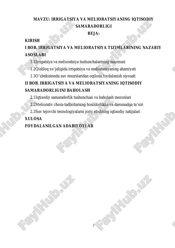rrigatsiya va melioratsiyaning iqtisodiy jihatdan qanchalik samarali ekanini o’rganish ilmiy-amaliy ahamiyat kasb etadi. mazkur kurs ishida irrigatsiya va melioratsiya tadbirlarining iqtisodiy samaradorligini baholash, suv resurslaridan foydalanishda zamonaviy texnologiyalarni qo’llashning afzalliklari, shuningdek, mavjud muammolar va ularni bartaraf etish yo’llari yoritiladi. kurs ishining maqsadi – irrigatsiya va melioratsiya tizimlarining iqtisodiy samaradorligini nazariy va amaliy jihatdan o’rganish, samaradorlikni oshirishga xizmat qiluvchi taklif va tavsiyalar ishlab chiqish. kurs ishining vazifalari:  irrigatsiya va melioratsiya tushunchalarining mazmunini ochib berish;  o’zbekiston qishloq xo’jaligida ularning tutgan o’rnini aniqlash;  iqtisodiy samaradorlik mezonlarini aniqlash va tahlil qilish;  zamonaviy texnologiyalar va yondashuvlarni baholash;  melioratsion chora-tadbirlarning hosildorlikka ta’sirini aniqlash;  takomillashtirish bo’yicha takliflar ishlab chiqish. 4 kurs ishi ob’ekti – o’zbekistonda faoliyat yuritayotgan irrigatsiya va melioratsiya tizimlari. kurs ishi predmeti – irrigatsiya va melioratsiya tadbirlarining iqtisodiy samaradorligi. ishning ilmiy yangiligi – iqtisodiy samaradorlikni baholash mezonlarini tahlil qilish orqali resurs tejovchi texnologiyalarni joriy etish bo’yicha amaliy tavsiyalar ishlab …