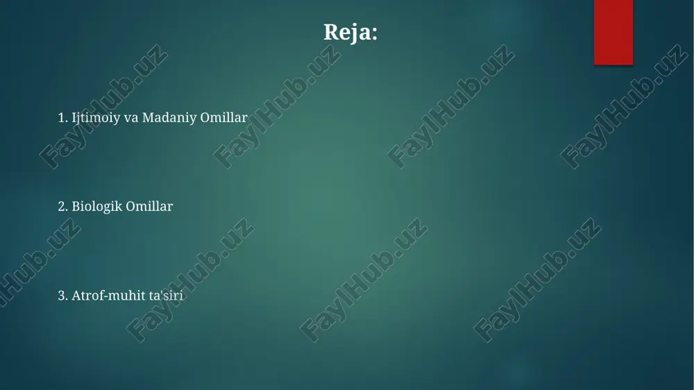 t: hayot tarzi, ovqatlanish, ta'sir qilish rivojlanishga ta'sir qiladi. tasodifiy o'zgarish: gen ekspressionida bashorat qilib bo'lmaydigan o'zgarishlar sodir bo'lishi mumkin. e'tiqodlar madaniyat va jamiyat tarbiya va oila ta'siri shaxsiy tajribalar va hayot voqealari please provide the text you would like to translate into uzbek using latin letters. i'll be happy to help! 😄 tashqi ta'sirlar: oila, do'stlar, madaniyat va jamiyat tanlovlarga ta'sir qiladi. shaxsiy holatlar: yosh, sog'liq, resurslar va hayot tajribalari qarorlarga ta'sir qiladi. shaxsiy qadriyatlar: biror kishining muhim deb hisoblagan narsalari uning qarorlariga ta'sir qiladi. stress hayot voqealari (katta o'zgarishlar, travma) shaxsiy omillar (shaxsiyat, muammolarni hal qilish ko'nikmalari) atrof-muhit omillari (shovqin, gavjumlik) ruhiy salomatlik hayot tajribalari: travma, zo'ravonlik, stress va hayotda katta o'zgarishlar ruhiy salomatlik muammolariga olib kelishi mumkin. genetika & biologiya: oila tarixi, miya kimyosi va jismoniy salomatlik ruhiy salomatlikka ta'sir qilishi mumkin. ijtimoiy va ekologik omillar: ijtimoiy yordam, resurslarga kirish imkoniyati, kamsitish va madaniy qoidalar hamma rol …