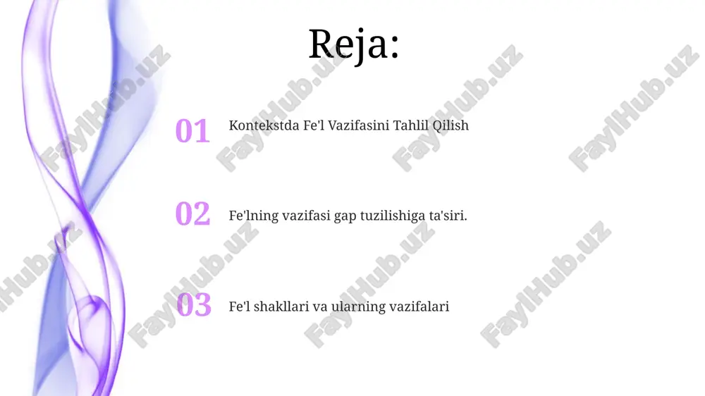 initiv. fe'l kelishigi jumladagi fe'lning mavzu bilan son jihatidan (birlik yoki ko'plik) mos kelishini anglatadi. fe'llar shakli zamon (o'tgan, hozirgi, kelajak), ko'rinish (oddiy, davomli, takmil) va kayfiyat (ko'rsatma, buyruq, shart) ga qarab o'zgaradi. fe'llar (gerundiylar, partisiplar, infinitivlar) fe'llar ot, sifat, ravish yoki fe'l birikmasining bir qismi vazifasini bajarishi mumkin. gerundlar, partisiplar va infinitivlar fe'l shakllari bo'lib, ular ot, sifat yoki ravish vazifasida ishlatiladi. fe'lning funktsional shakllari chekli fe'llar (zamon va kelishuvni ko'rsatuvchi) va cheksiz fe'llar (gerundiylar, ishtirokchilar va infinitivlar) ni o'z ichiga oladi. faol va passiv gap faol gap: mavzu harakatni bajaradi. fe'l shakllari: hozirgi zamon, o'tgan zamon, kelasi zamon, ishtirokchi, infinitiv, gerund. passiv ovoz: fe'lning ta'siri obyektga qaratiladi. fe'lni o'zgartirish fe'llarni funktsional shakllar - bu fe'llarni muayyan grammatik funksiyalarni ifodalash uchun olgan turli shakllardir (masalan, infinitiv, partisipiy). funksional shakllar fe'llarga gap ichida turli grammatik rollar va ma'nolarni ifodalash imkonini beradi. fe'lning shaxslanishi fe'l shakllarini shaxs, son, zamon va kayfiyatga …