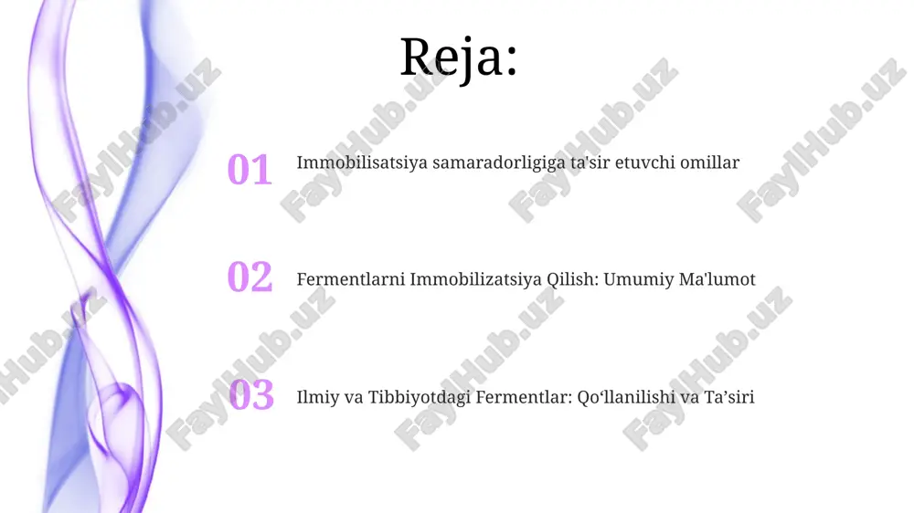 mobillaştirilgan fermentlar bioyoqilg'i ishlab chiqarishda, yuqori fruktoza makkajo'xori siropi ishlab chiqarishda va penitsillin sintezida qo'llaniladi. enzimlarni immobillashtirishdagi muammolar va kelajak yo'nalishlari fermentlarni immobilizatsiya qilish fermentlarni qattiq tashuvchiga biriktirishni o'z ichiga oladi, bu ularning barqarorligini, qayta ishlatilishini va ajratishni osonlashtiradi. immobilayzatsiyaga ta'sir etuvchi omillarga ferment xususiyatlari, tayanch material va immobilayzatsiya usuli kiradi, bu ferment faolligi va barqarorligiga ta'sir qiladi. immobilizatsiyalangan fermentlarning fanlardagi qo'llanilishi fermentlar biologik jarayonlar, diagnostika va terapevtik rivojlanishda muhim ahamiyatga ega. immobilizatsiyalangan fermentlarning qo'llanilishi biosensorlar, bioreaktorlar va dori yetkazib berish tizimlarini o'z ichiga oladi. e'tiboringiz uchun rahmat @taqdimot_robot image4.jpg image5.jpg image6.jpg image7.jpg image8.jpg image9.jpg image10.jpg image11.jpg image12.jpg image1.jpeg image2.jpeg image3.jpeg
