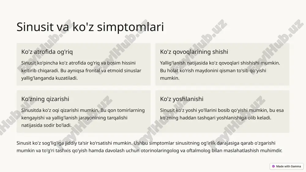 ofida og'riq ham paydo bo'lishi mumkin. 4 asoratlar og'ir hollarda, otit tufayli yuzaga kelgan infeksiya ko'z kosasi to'qimalariga tarqalishi va orbital sellyulit kabi jiddiy asoratlarga olib kelishi mumkin. otitning ko'zga ta'siri jiddiy bo'lishi mumkin va kechiktirilmagan tibbiy yordamni talab qiladi. agar otit tashxisi qo'yilgan bemorlar ko'z simptomlarini sezsa, zudlik bilan shifokorga murojaat qilishlari kerak. 3 burun kasalliklari va ko'z rinit va ko'z alomatlari rinit (burun shilliq qavatining yallig'lanishi) ko'pincha allergik kon'yunktivit bilan birga keladi. bu holat ko'zning qichishishi, qizarishi va ko'p miqdorda suyuqlik ajralishiga olib keladi. burun va ko'z o'rtasidagi anatomik bog'liqlik tufayli, burun bo'shlig'idagi yallig'lanish ko'z yoshi yo'llariga ta'sir qilishi mumkin. burun poliplari burun poliplari ko'z yoshi yo'llarini to'sib qo'yishi mumkin, bu esa ko'zning doimiy yoshlanishiga olib keladi. bundan tashqari, polipler ko'rish maydonini cheklashi va ko'z soqqasining holatini o'zgartirishi mumkin, bu esa ko'rish qobiliyatiga ta'sir qiladi. burun sinishi burunning sinishi nafaqat nafas olishni qiyinlashtiradi, balki ko'z atrofidagi to'qimalarga ham …