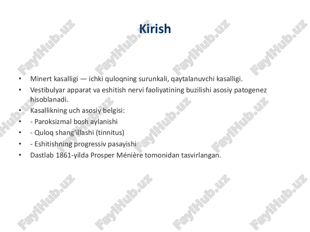 kengayadi. • kalorik sinama va eng (elektronistagmografiya) — vestibulyar tizimni baholash. • vemp (vestibulyar qo‘zg‘atilgan miogen potensiallar) testi. • mrt/kt: boshqa kasalliklarni istisno qilish uchun. • laborator testlar: immunologik tekshiruvlar, virus infeksiyalarini aniqlash. an’anaviy davolash • diyetoterapiya: tuz cheklash, kofein va spirtli ichimliklardan voz kechish. • dorilar: • - diuretiklar (gidroklortiazid) • - antihistaminlar va vestibulyar depressantlar (betagistin, meklizin) • - sedativlar va anksiolitiklar • reabilitatsiya: vestibulyar mashqlar va fizioterapiya. • psixoterapiya: stressni kamaytirish va kasallikka moslashishga yordam berish. zamonaviy davo usullari • intratimpanal terapiya: • - kortikosteroidlar (yallig‘lanishni kamaytiradi) • - gentamitsin (vestibulyar funksiyani pasaytiradi) • jarrohlik usullar: • - endolimfatik qopcha dekompressiyasi • - vestibulyar nervni kesish (vestibulyar nevrektomiya) • - labirintektomiya (og‘ir hollarda) • koklear implantatsiya: eshitishning og‘ir pasaygan bosqichida qo‘llaniladi. yangi yondashuvlar • gen terapiya: eshitish hujayralarini qayta tiklashga qaratilgan. • stem-cell terapiya: ildiz hujayralar yordamida eshitish va vestibulyar hujayralarni regeneratsiya qilish. • nanotexnologiya: dori moddalarini …