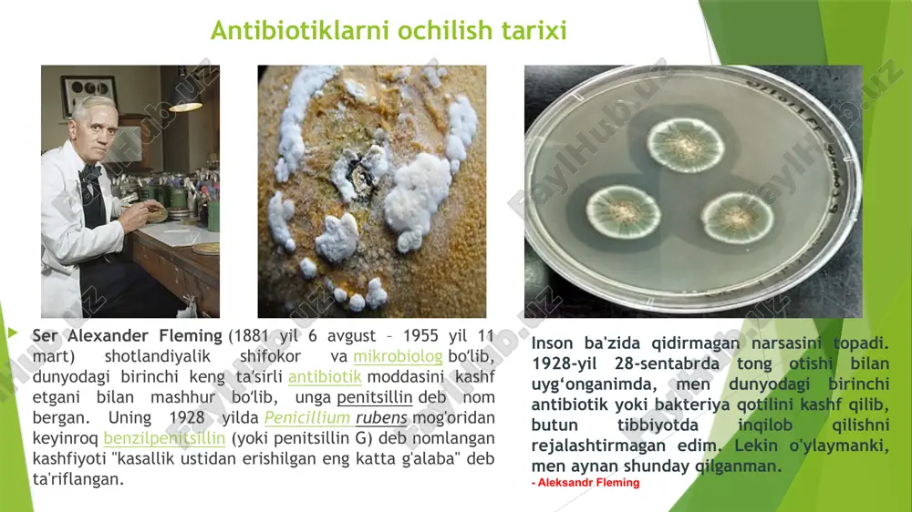 sillin (penitsillin g) va fenoksimetilpenitsillin (penitsillin v) ampitsillin, siklotsillin, karbenitsillin, tikarsillin antibiotik antimikrob spektri (ta’sir doirasi) bo'yicha antibiotiklar 2 guruhga: tor ta’sir doirali keng ta’sir doirali tor ta’sir doirali antibiotiklar faqat bir guruh bakteriyalarga keng ta’sir doirali antibiotiklar bir necha grammusbat va gram manfiy bakteriyalarga benzilpenitsillin yiring paydo qiluvchi kokklarga nistatin, levorin, amfoteritsin b zamburug’ va sodda jonivorlarga tetratsiklin, levomitsetin, aminoglikozidlar, makrolidlar, rifam pitsin, sefalosporinlar - bir necha grammusbat va gram m anfiy bakteriyalarga, masalan, rikketsiya, xlamidiy, mikoplazma kimyoterapevtik vositaning ideal xususiyatlari selektiv toksiklik: preparat tanlab zaharli bo'lishi kerak, ya'ni mikroorganizm uchun toksik bo'lishi kerak. antimikrobiyal spektr: preparat ko'p turdagi patogen mikroorganizmlarni yo'q qilish yoki ingibirlash qobiliyatiga ega bo'lishi kerak. nojo'ya ta'sirlar yo'q: - preparat nojo'ya ta'sirlarni keltirib chiqarmasligi kerak. oddiy floraga o'ldirish ta'siri yo'q: - preparat tananing normal florasini buzmasligi kerak. inaktivatsiya yo'q: preparat og'iz orqali yuborilganda, uni oshqozon kislotalari bilan inaktivatsiya qilmaslik kerak. tana suyuqliklarida eruvchanligi: preparatning tana …