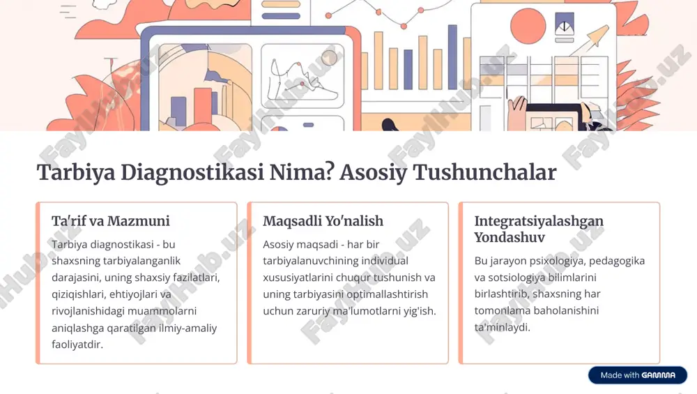 osida shaxsiy rivojlanish dinamikasini aniqlash. ushbu usullar majmui shaxs haqida ob'ektiv va sub'ektiv ma'lumotlarni yig'ishga yordam beradi. https://gamma.app/?utm_source=made-with-gamma duag±¿ÿču�a v¿ÿuča�añu: teÿč�añ, s¿'ñ¿ļ±¿«a�añ, kěśačěļ�añ aÿ¿ÿuō v¿ÿuča�añ těñ�añu sča±dañč�aÿhčuñu�ga± teÿč�añ shaxsiyat xususiyatlari, intellekt darajasi, ijodiy qobiliyatlarni aniq o'lchash uchun mo'ljallangan psixodiagnostik usullar. s¿'ñ¿ļ±¿«a�añ ļa a±�eča o'quvchilarning o'z-o'zini baholashi, qiziqishlari va ijtimoiy munosabatlarini tezkor aniqlashga xizmat qiladi. pñ¿ōe�čuļ meč¿du�a�añ shaxsning chuqur, ongsiz motivatsiyalarini va ichki ziddiyatlarini aniqlash (masalan: rorschach, tat). diagnostika vositalarini tanlashda ularning validligi (to'g'riligi) va ishonchliligi (barqarorligi) asosiy mezon hisoblanadi. https://gamma.app/?utm_source=made-with-gamma tañbuōa duag±¿ÿču�aÿu±u±g sa«aña�u q¿'��a±uÿhu diagnostika samaradorligi uni tarbiyaviy jarayonga uzviy integratsiya qilishga bog'liqdir. 1. ma'�ě«¿č�añ±u yug'uÿh shaxs haqida turli manbalardan (o'qituvchilar, ota-onalar, tengdoshlar) ma'lumot to'plash. 2. tah�u� ļa xě�¿ÿa yig'ilgan ma'lumotlarni ilmiy metodlar asosida qayta ishlash va diagnostik xulosa chiqarish. 3. k¿ññe�ÿuōa ļa ruļ¿��a±čuñuÿh aniqlangan muammolarga mos ravishda tarbiyaviy dasturlarni ishlab chiqish va qo'llash. 4. m¿±uč¿ñu±g ļa naś¿ñač korreksion ishlarning natijalarini kuzatish va kerak bo'lsa, strategiyani o'zgartirish. https://gamma.app/?utm_source=made-with-gamma duag±¿ÿču�a naču�a�añu±u …