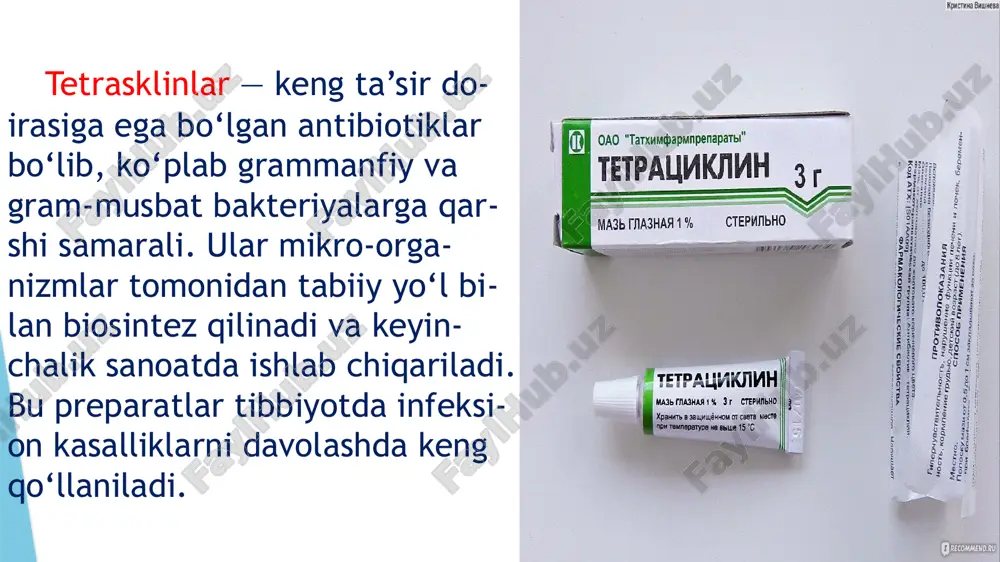 lik sanoat fermentatsiya bosqichiga yuboriladi. fermentatsiyaga tayyorlashning ahamiyati mikroorganizmlarni to‘g‘ri tayyorlash: antibiotik hosildorligini oshiradi; fermentatsiya jarayonini barqaror qiladi; sifatli va standartga javob beradigan tetrasklin preparatini olish imkonini beradi. fermentatsiya bosqichining mohiyati fermentatsiya — bu tanlangan mikroorganizmlar (ko‘pincha streptomyces aureofaciens) maxsus ozuqa muhitida ko‘payib, o‘z hayot faoliyati davo-mida tetrasklin antibiotigini ajratib chiqaradigan jarayondir. bu bosqich sanoat miqyosida tetrasklin ishlab chiqa-rishning asosiy va eng muhim qismi hisoblanadi. fermentatsiya bosqichining umumiy ketma-ketligi fermentatsiya bir necha nazariy bosqichlardan iborat bo‘ladi: a) inokulyatsiya bosqichi tayyorlangan ishchi madaniyat fermentatorga (katta hajmli idish) kiritiladi. bu bosqichda mikroorganizmlar yangi muhitga moslashadi (adaptatsiya). b) faol o‘sish bosqichi mikroorganizmlar ozuqa muhitidagi uglerod va azot manbalaridan foydalanib tez ko‘payadi. bu bosqichda hujayra massasi ko‘payadi, ammo antibiotik sintezi hali past bo‘ladi c) antibiotik sintezi bosqichi ma’lum vaqt o‘tib, hujayralar ikkilamchi metabolit si-fatida tetrasklin ishlab chiqarishni boshlaydi. bu bosqich fermentatsiyaning eng muhim qismi bo‘lib, antibiotikning asosiy qismi shu davrda to‘planadi. d) fermentatsiyani tugatish …