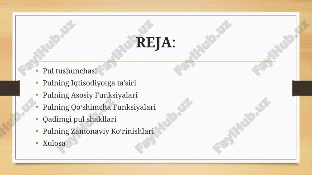 ki pul-kredit siyosati yordamida inflyatsiyani nazorat qiladi. 💰 investitsiyalar va moliyaviy bozorlar pul investitsiyalarni rivojlantirishda asosiy rol o‘ynaydi. pul-kredit siyosati bank foiz stavkalariga ta’sir qilib, iqtisodiyotning rivojlanishiga yoki susayishiga sabab bo‘lishi mumkin. pulning asosiy funksiyalari to‘lov vositasi pul mahsulot va xizmatlar uchun to‘lov vositasi sifatida ishlatiladi. misol uchun: ish haqi, soliq, kredit to‘lovlari. ayirboshlash vositasi pul barter tizimining o‘rnini egallagan va mahsulotlar o‘rtasidagi ayirboshlash jarayonini osonlashtiradi. qiymat o‘lchovi pul barcha tovar va xizmatlarning umumiy o‘lchov birligidir. masalan, bir mahsulotning narxi boshqa mahsulot bilan solishtirish imkoniyatini beradi. jamg‘arish vositasi pul vaqt o‘tishi bilan o‘z qiymatini saqlaydi va kapital to‘plash imkonini beradi. pulning qo‘shimcha funksiyalari likvidlik--pulning asosiy xususiyatlaridan biri – u istalgan vaqtda tovar yoki xizmatga ayirboshlanishi mumkin. narxlarni barqarorlashtirish--pul to‘g‘ri boshqarilganda iqtisodiy barqarorlikni saqlashga yordam beradi. investitsiya vositasi--pul moliyaviy bozorlar va bizneslarni rivojlantirish uchun investitsiya sifatida ishlatiladi. kredit tizimining asosi--pul banklar va kredit muassasalari orqali moliyaviy resurslarni taqsimlashda ishlatiladi. qadimgi pul …