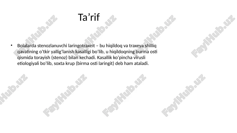 lar, fizioterapiya. kortikosteroidlar (deksametazon, prednizolon) shish va yallig‘lanishni kamaytiradi. bronxolitik va antigistamin vositalar buyuriladi. davolash – ii qism og‘ir hollarda – kislorod berish, vena orqali suyuqliklar (glyukoza, fiziologik eritma). antibiotiklar bakterial infektsiya qo‘shilganda buyuriladi. iii–iv daraja stenozda – intubatsiya yoki traxeostomiya. reanimatsion nazorat ostida olib boriladi. asoratlar va prognoz asoratlar: nafas yetishmovchiligi, gipoksiya, miya shikastlanishi, yurak faoliyati buzilishi. to‘g‘ri va o‘z vaqtida davolash bilan prognoz qulay. keçiktirilgan hollarda o‘lim xavfi yuqori. profilaktika bolani chiniqtirish, sovuqdan asrash, orvi va grippning oldini olish. emlash, ovozni zo‘riqtirmaslik, burun-halqum kasalliklarini o‘z vaqtida davolash. immunitetni mustahkamlash va bolalar gigiyenasiga rioya qilish muhim. /docprops/thumbnail.jpeg