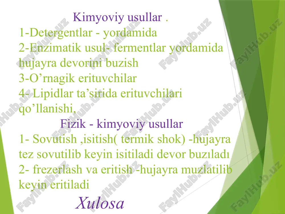 asosan qattiq devorli bakteriyalar va o‘simlik hujayralarida qo‘llaniladi. • juda kuchli mexanik kuch talab qiladi. 9 biomilt zarralar yordamida • hujayralar mayda shisha yoki keramika zarralari bilan aralashtiriladi. • zarralar devorni mexanik ravishda sindiradi. • mikroskopik hujayralar uchun samarali. mayda shisha zarralar • juda mayda shisha zarrachalari ishlatiladi. • hujayralar bilan to‘qnashib, ularni buzadi. • odatda maxsus aralashtirgichlarda amalga oshiriladi. keramika zarralari • shisha zarralarga alternativ usul. • keramika yuqori zichlikka ega bo‘lgani uchun kuchliroq ta’sir ko‘rsatadi. ultratovush disrubtor • yuqori chastotali tovush to‘lqinlari hujayra devorini titratadi. • natijada hujayra membranasi yorilib ketadi. • laboratoriyalarda keng qo‘llaniladi. ultratovush mexanizmi • tovush tebranishlari suyuqlikda kavitatsiya hosil qiladi. • pufakchalar yorilib, hujayralarga kuchli zarba beradi. • natijada hujayralar buziladi. qo‘llanish sohasi • biotexnologiya • genetik muhandislik • oqsil va enzimlarni olish • dnk va rnkni ajratish afzalliklari • mexanik usullar – tez va samarali. • biomilt zarralar – arzon va oddiy. • …